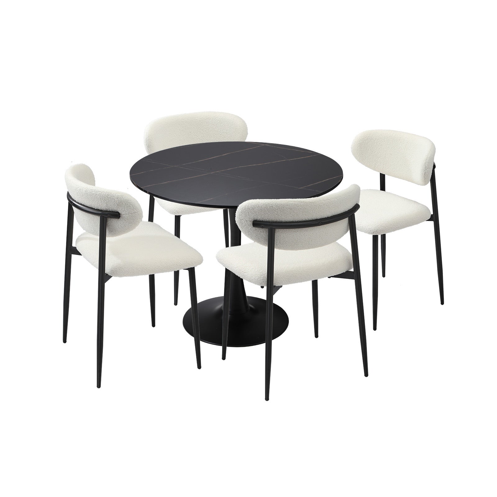 Oikiture 90cm Round Dining Table with 4x Dining Chairs Boucle Black&White - Sunyee