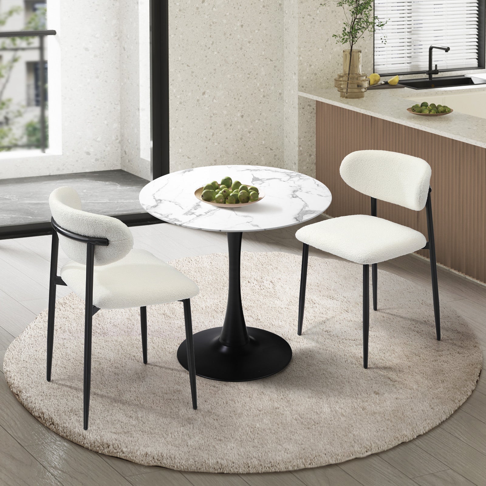 Oikiture 60cm Round Dining Table with 2x Dining Chairs Boucle White&Black - Sunyee