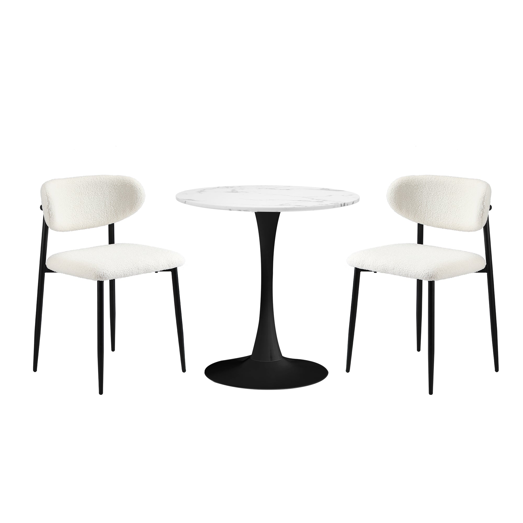 Oikiture 60cm Round Dining Table with 2x Dining Chairs Boucle White&Black - Sunyee