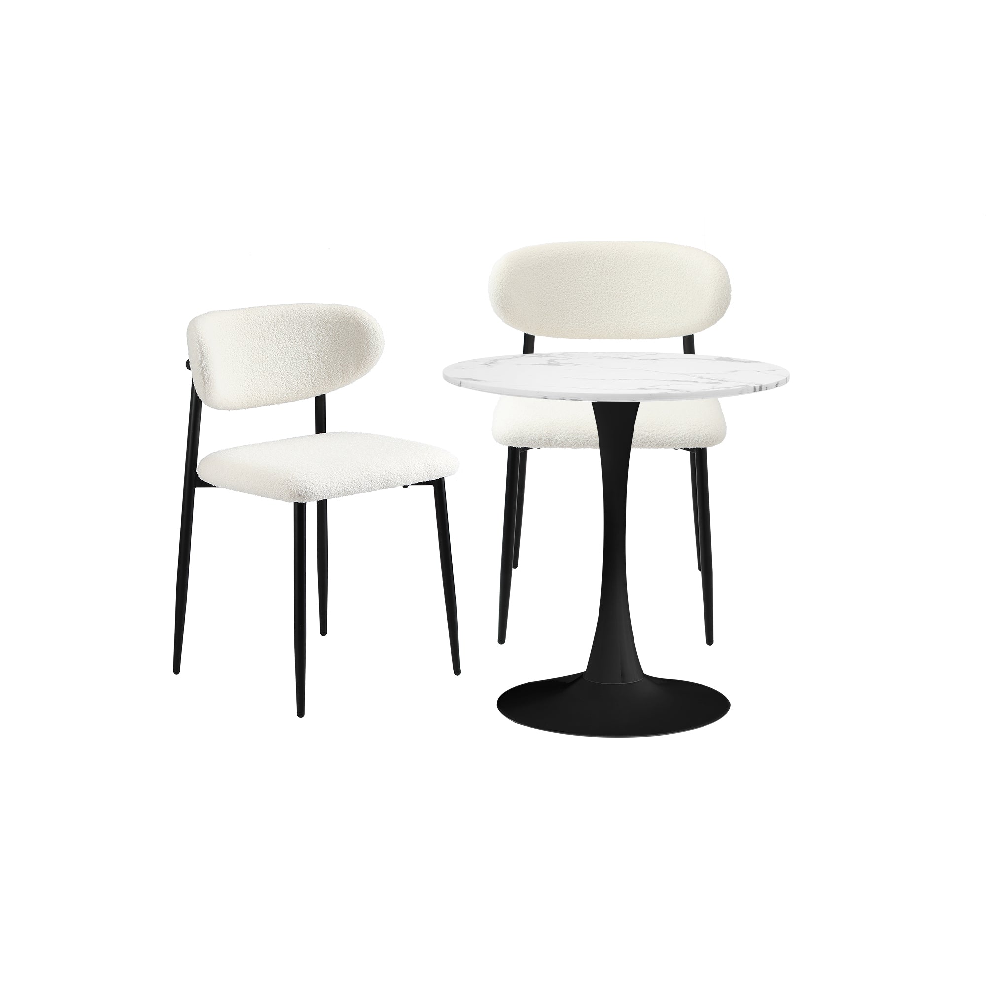Oikiture 60cm Round Dining Table with 2x Dining Chairs Boucle White&Black - Sunyee