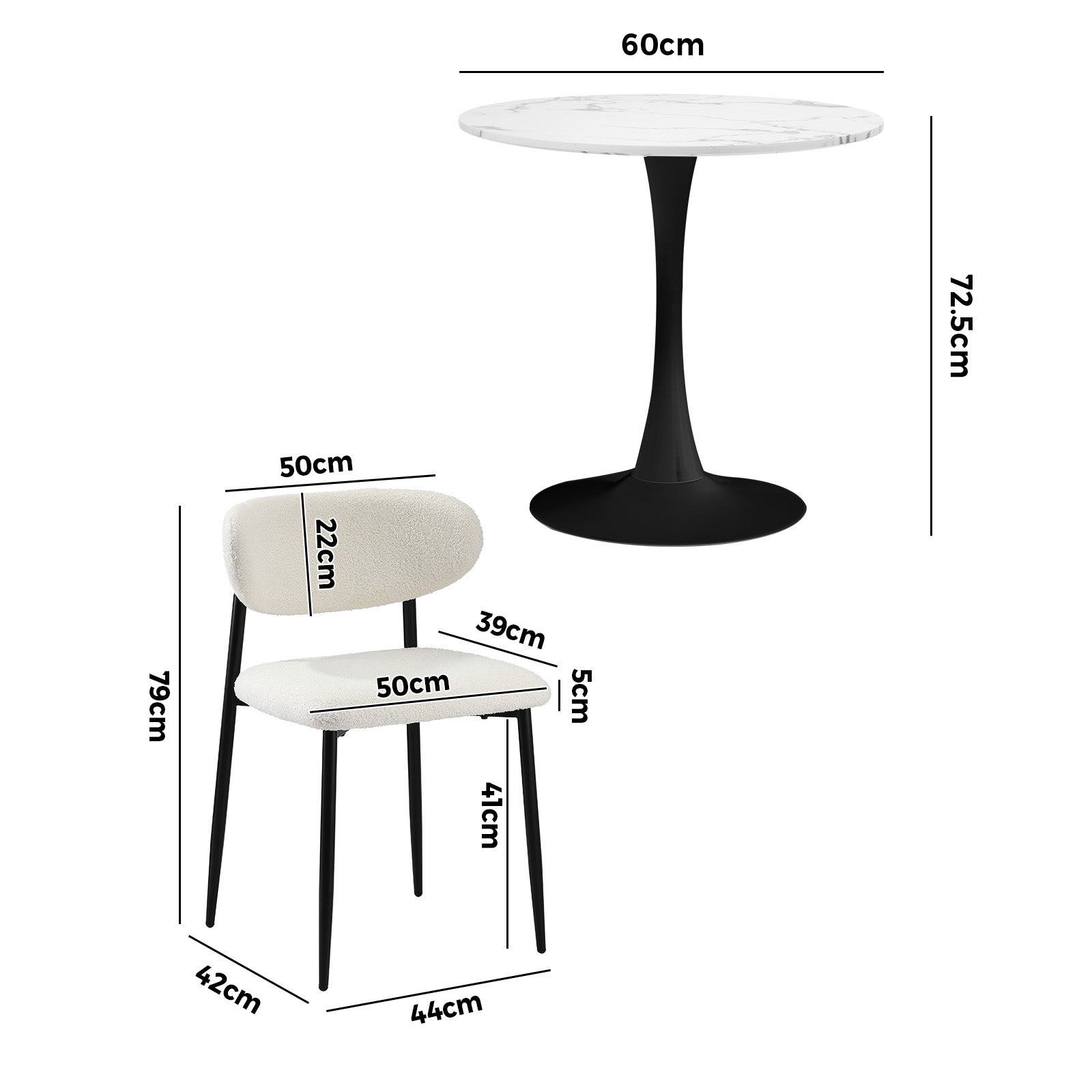 Oikiture 60cm Round Dining Table with 2x Dining Chairs Boucle White&Black - Sunyee