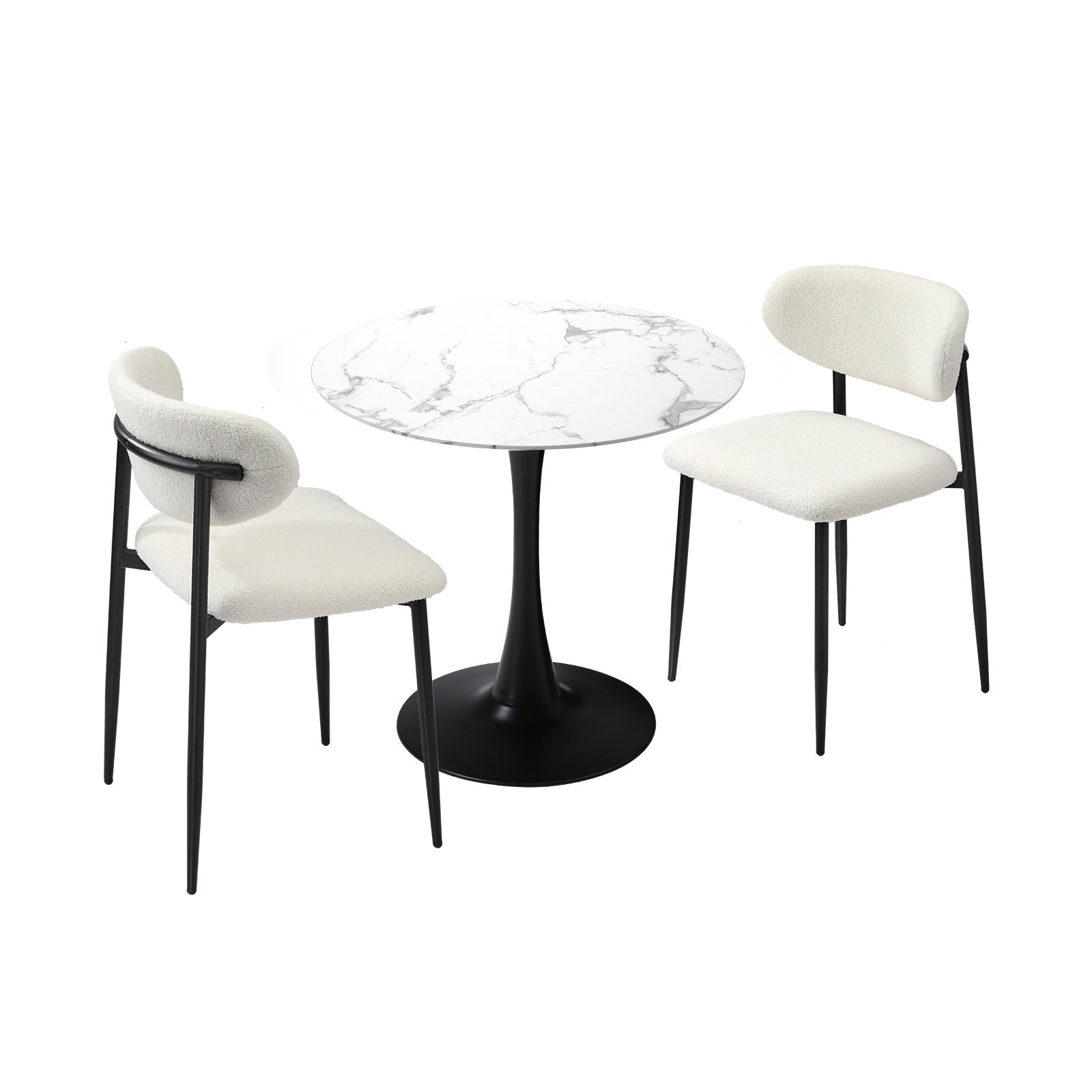 Oikiture 60cm Round Dining Table with 2x Dining Chairs Boucle White&Black - Sunyee
