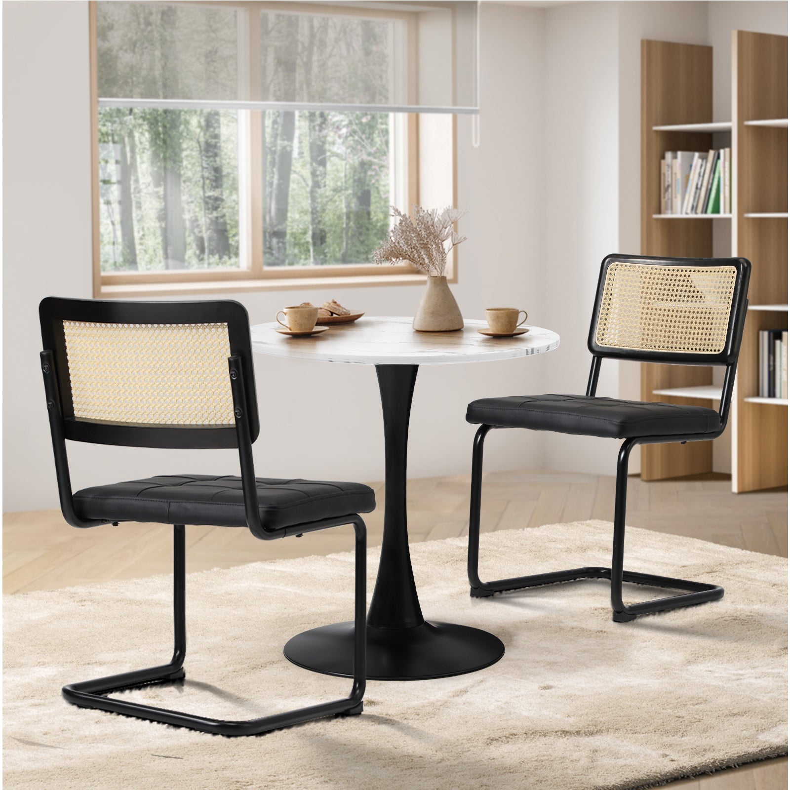 Oikiture 60cm Round Dining Table with 2PCS Dining Chairs PU Leather Black - Sunyee