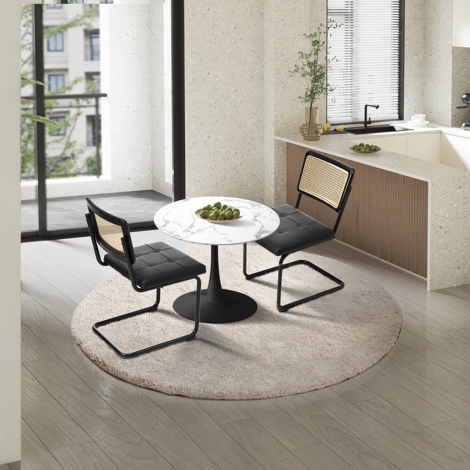 Oikiture 60cm Round Dining Table with 2PCS Dining Chairs PU Leather Black - Sunyee