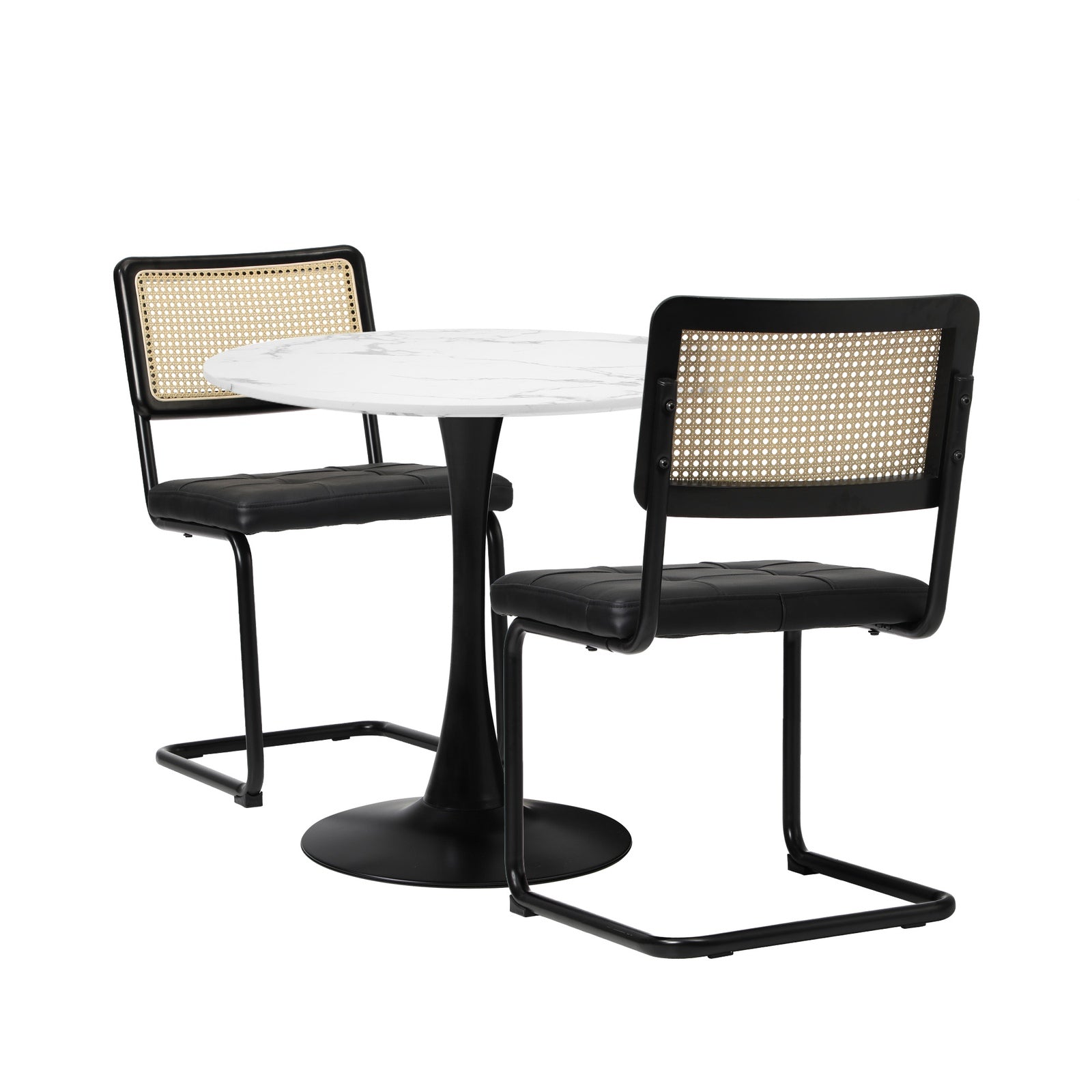 Oikiture 60cm Round Dining Table with 2PCS Dining Chairs PU Leather Black - Sunyee