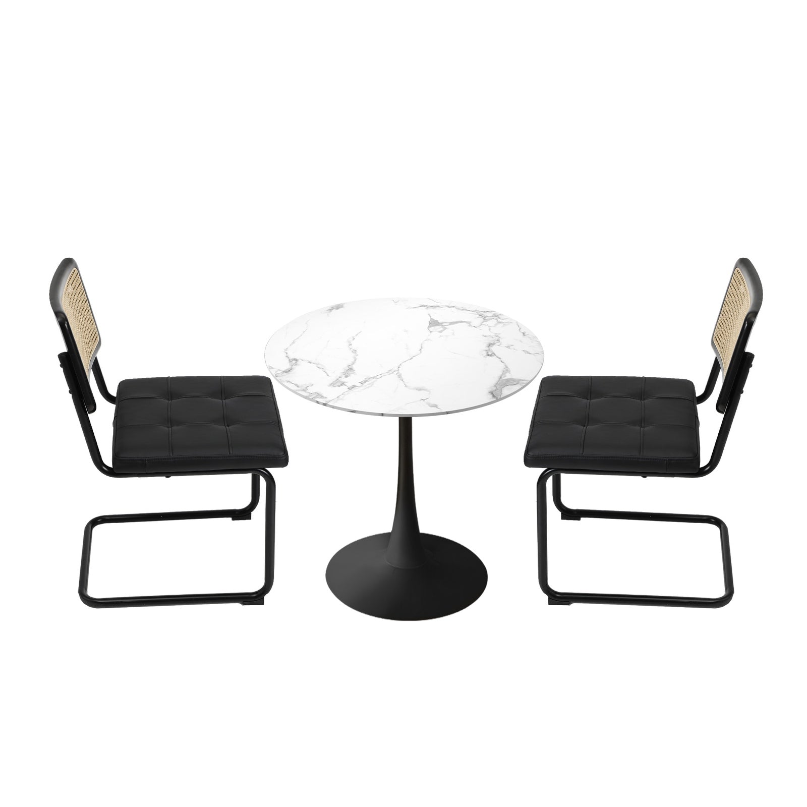 Oikiture 60cm Round Dining Table with 2PCS Dining Chairs PU Leather Black - Sunyee