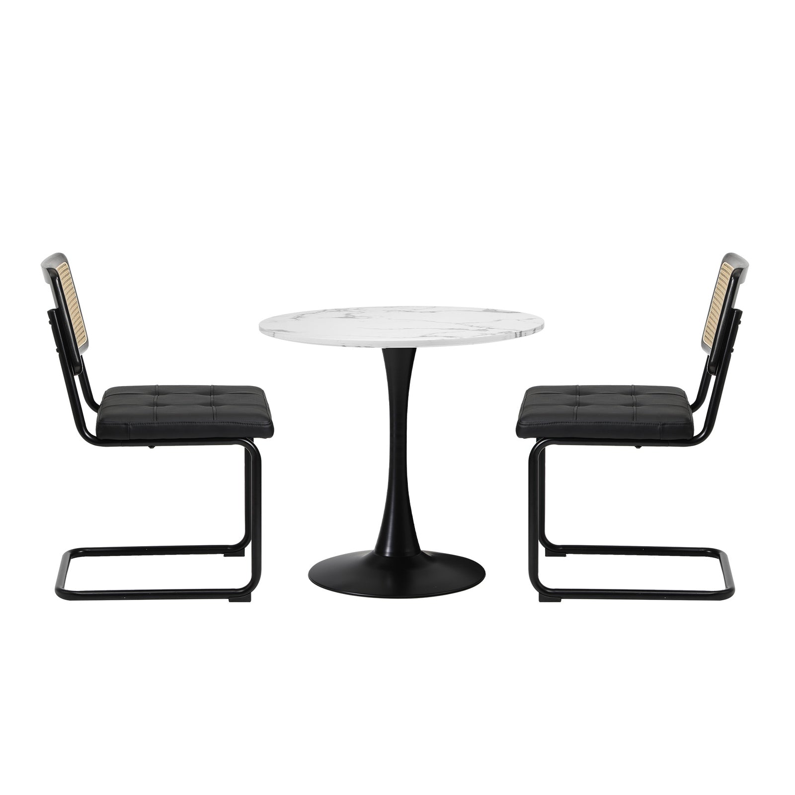 Oikiture 60cm Round Dining Table with 2PCS Dining Chairs PU Leather Black - Sunyee