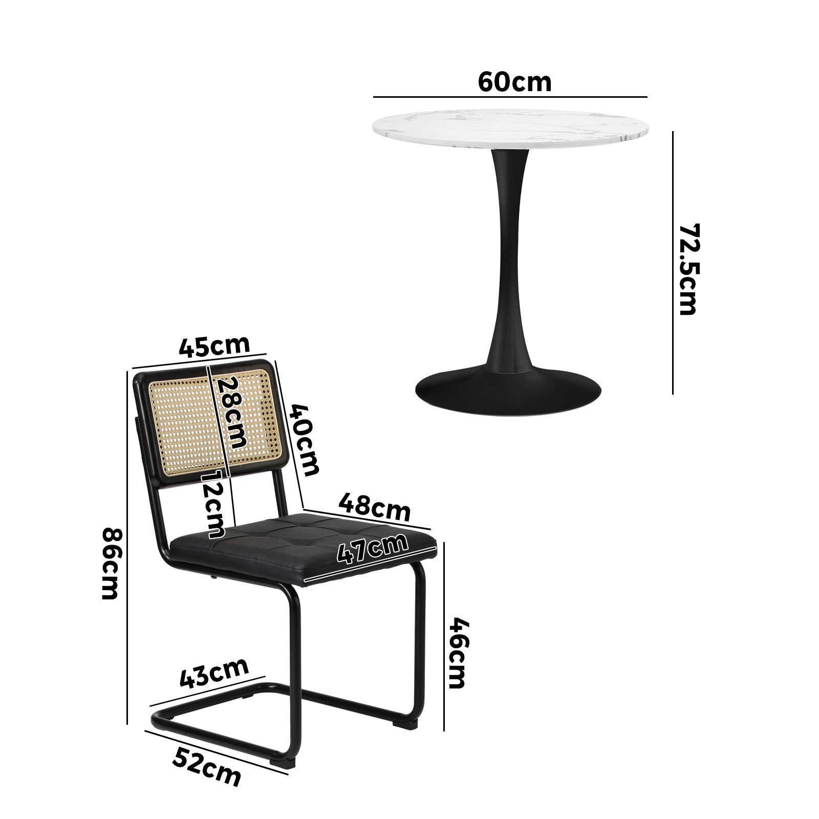 Oikiture 60cm Round Dining Table with 2PCS Dining Chairs PU Leather Black - Sunyee