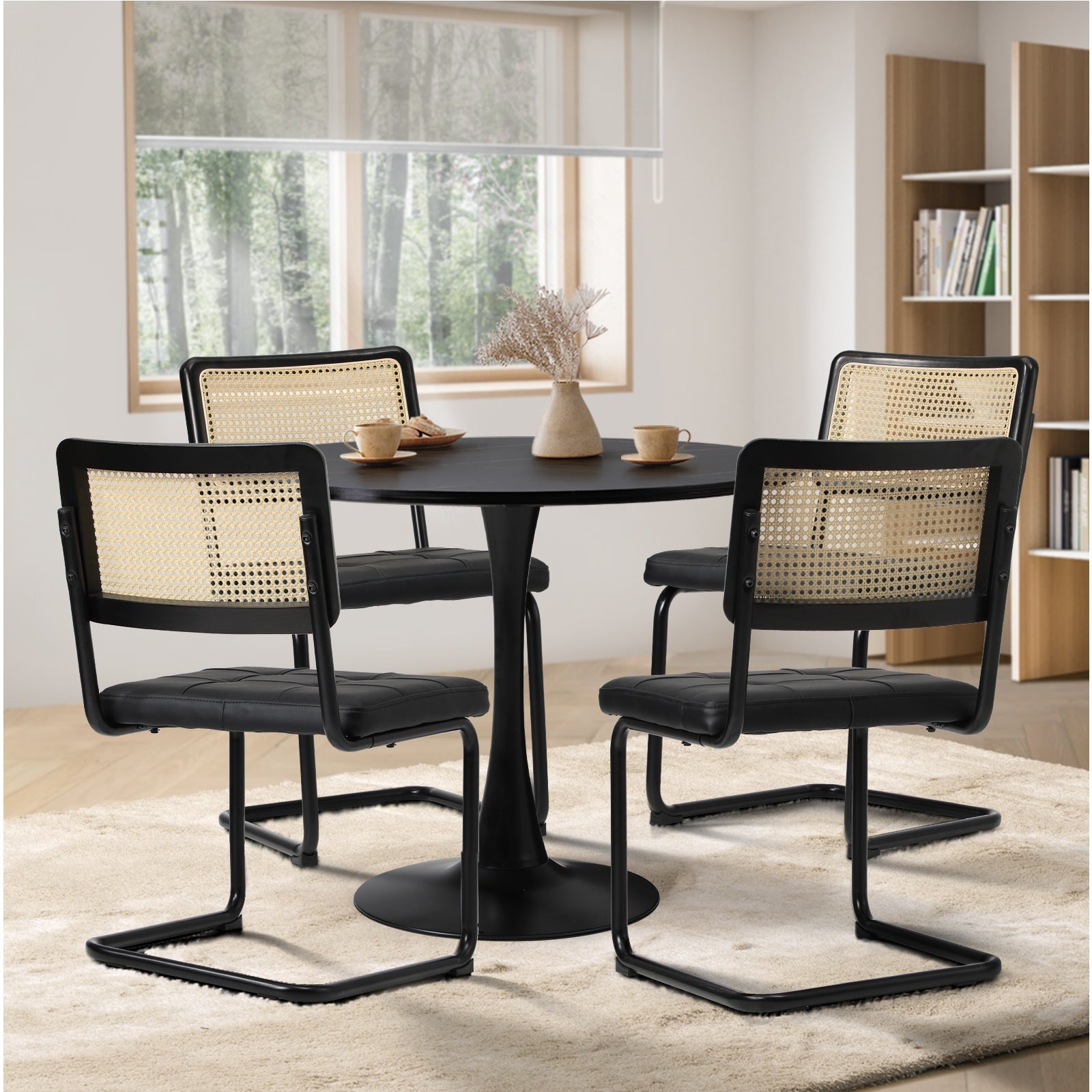 Oikiture 90cm Round Dining Table with 4PCS Dining Chairs PU Leather Black - Sunyee