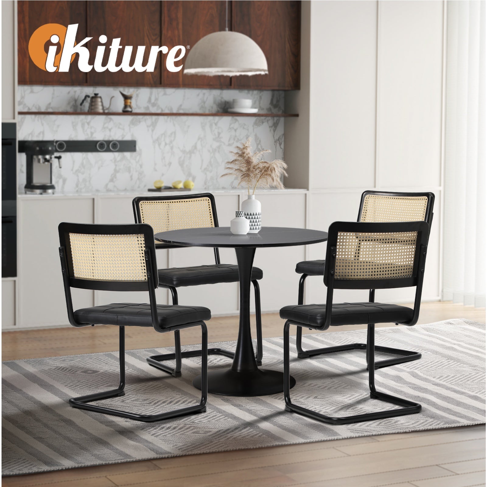 Oikiture 90cm Round Dining Table with 4PCS Dining Chairs PU Leather Black - Sunyee
