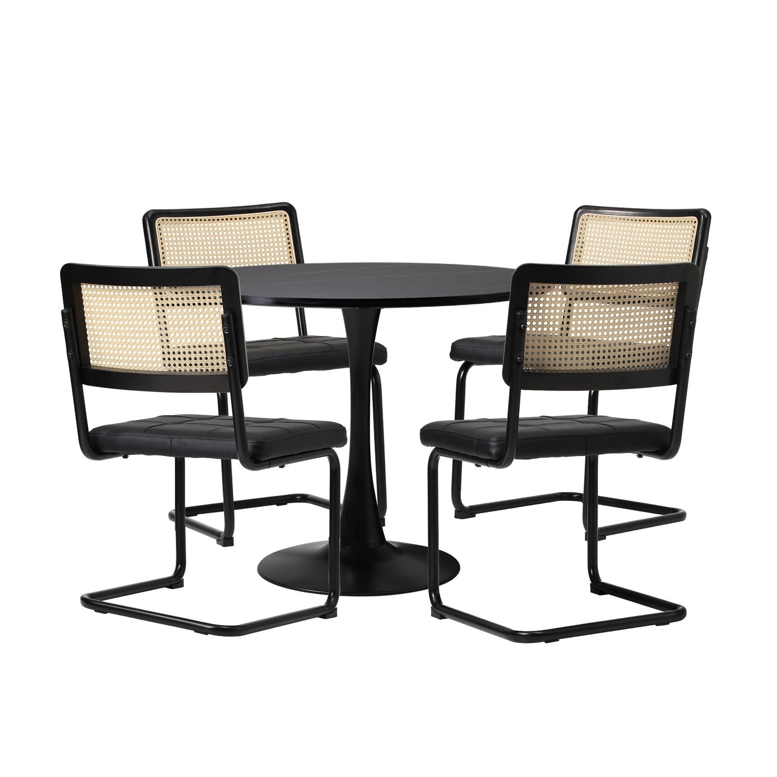 Oikiture 90cm Round Dining Table with 4PCS Dining Chairs PU Leather Black - Sunyee