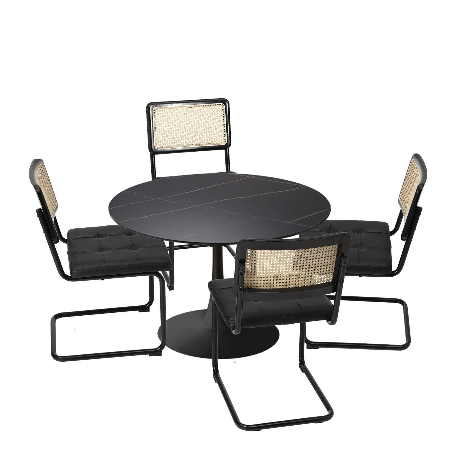 Oikiture 90cm Round Dining Table with 4PCS Dining Chairs PU Leather Black - Sunyee