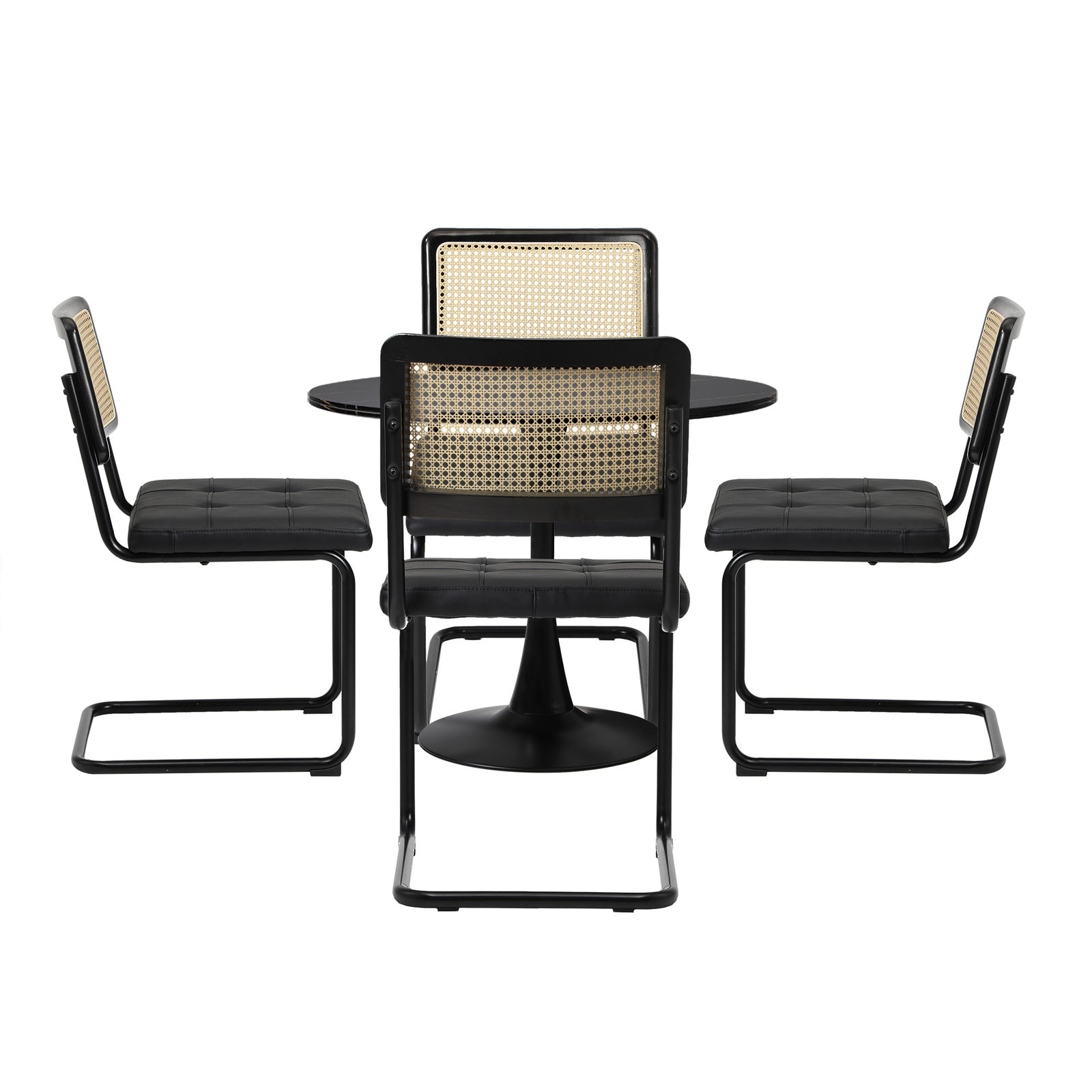 Oikiture 90cm Round Dining Table with 4PCS Dining Chairs PU Leather Black - Sunyee