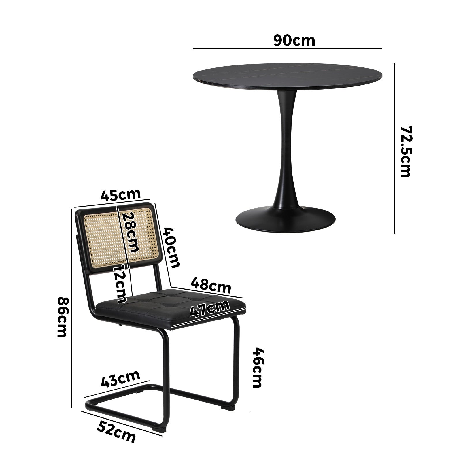 Oikiture 90cm Round Dining Table with 4PCS Dining Chairs PU Leather Black - Sunyee
