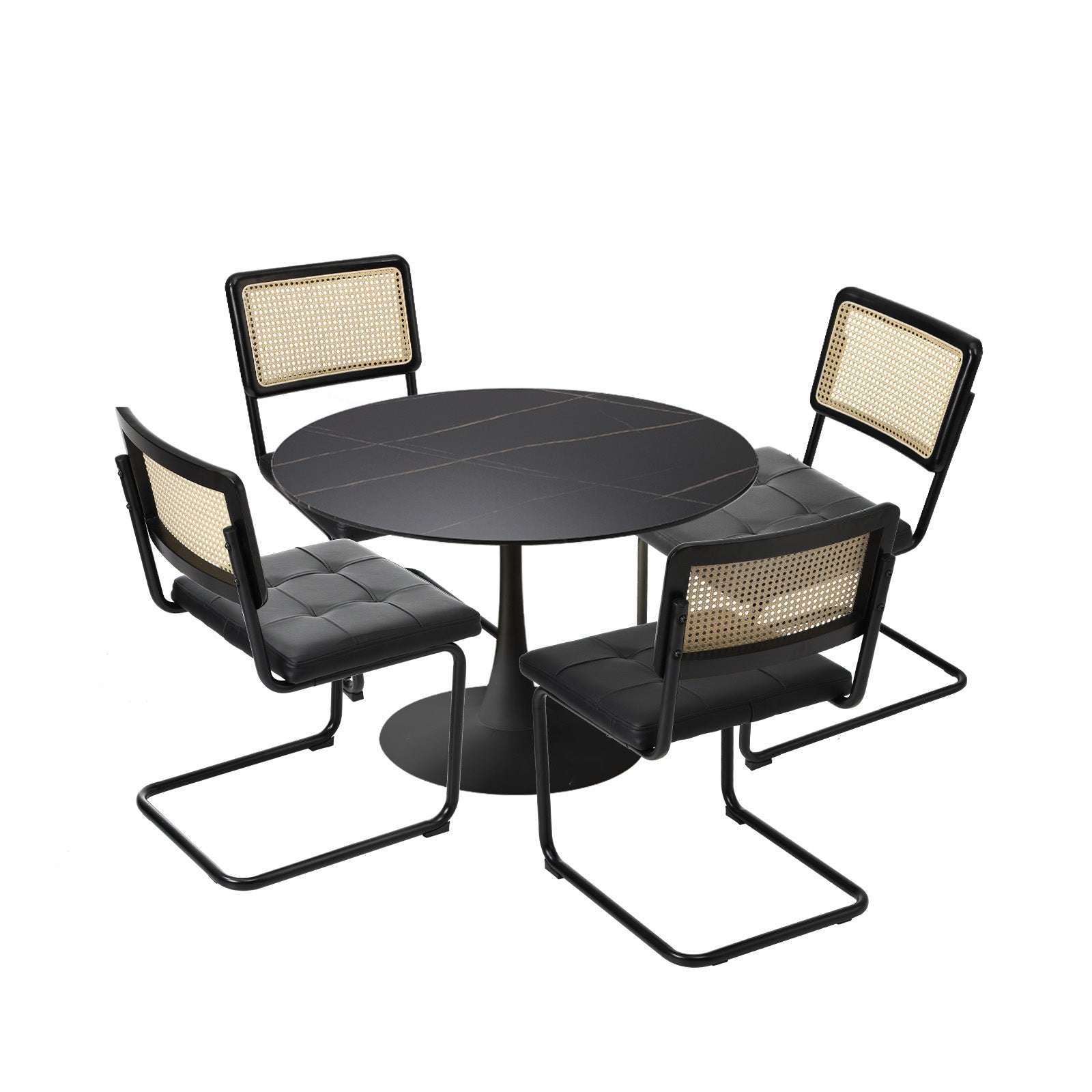 Oikiture 90cm Round Dining Table with 4PCS Dining Chairs PU Leather Black - Sunyee