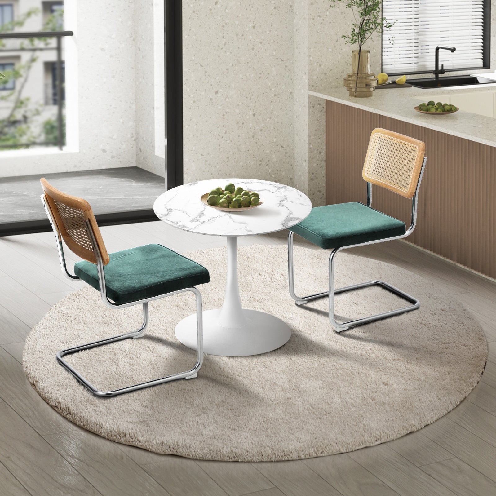 Oikiture 60cm Round Dining Table with 2PCS Dining Chairs Velvet White&Green - Sunyee