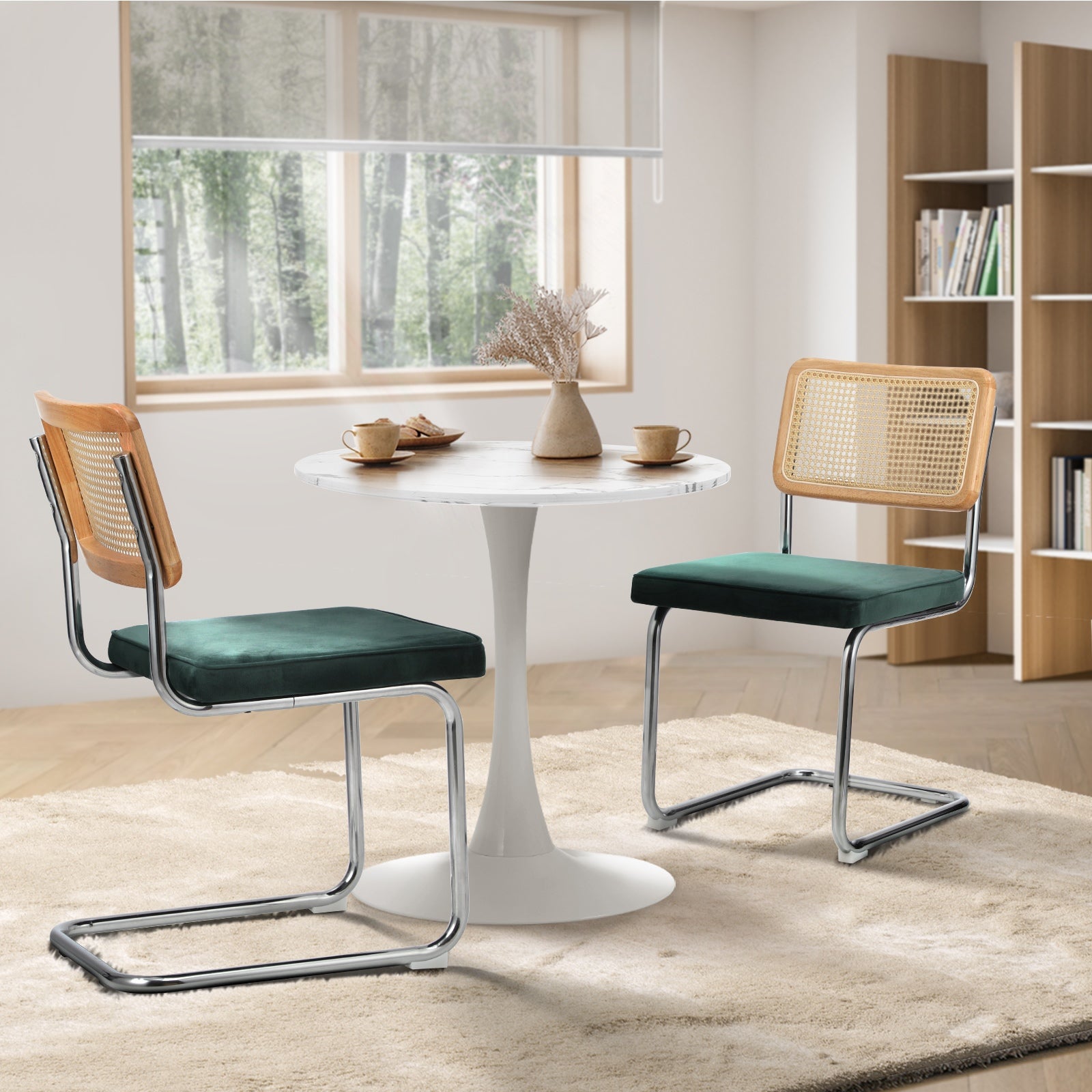 Oikiture 60cm Round Dining Table with 2PCS Dining Chairs Velvet White&Green - Sunyee