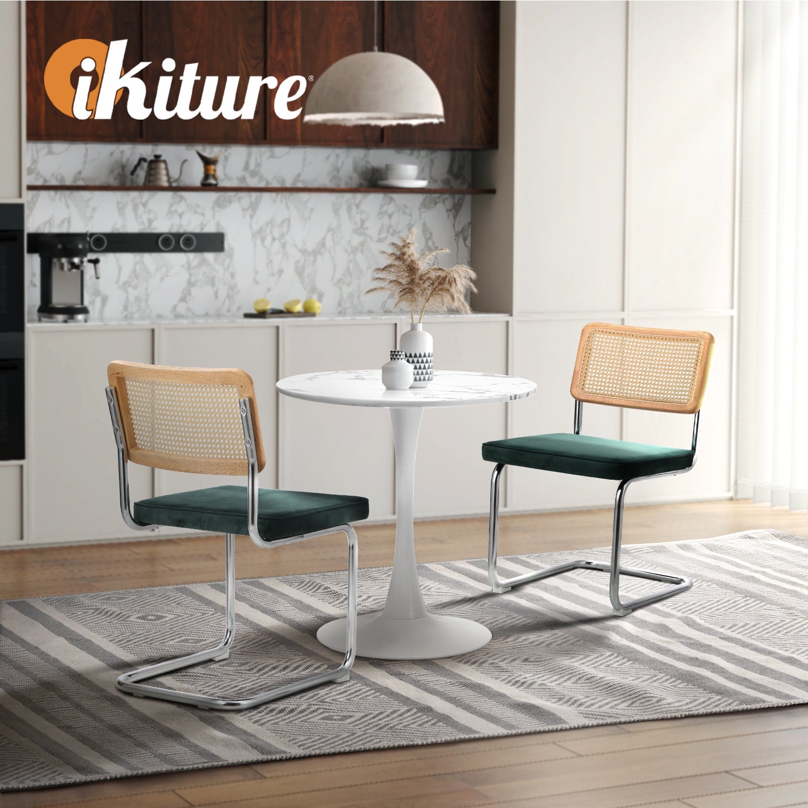 Oikiture 60cm Round Dining Table with 2PCS Dining Chairs Velvet White&Green - Sunyee
