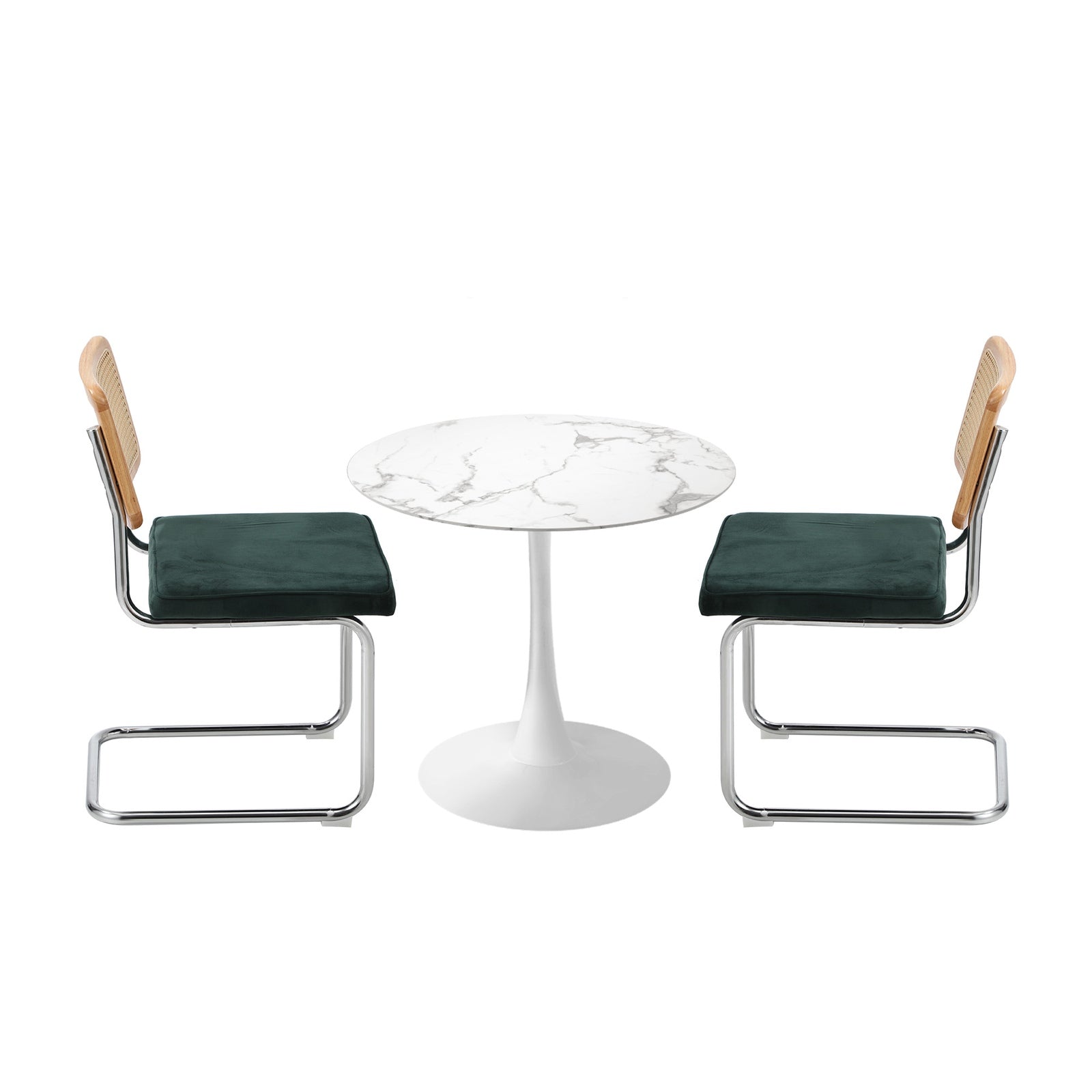Oikiture 60cm Round Dining Table with 2PCS Dining Chairs Velvet White&Green - Sunyee