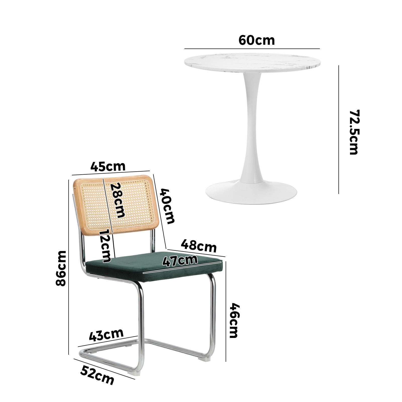 Oikiture 60cm Round Dining Table with 2PCS Dining Chairs Velvet White&Green - Sunyee