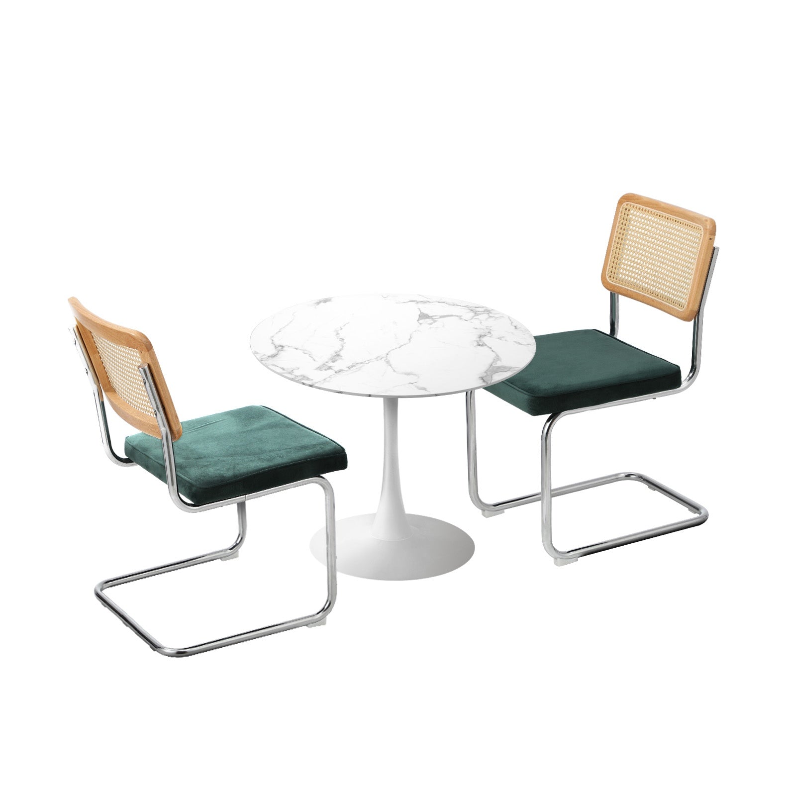 Oikiture 60cm Round Dining Table with 2PCS Dining Chairs Velvet White&Green - Sunyee