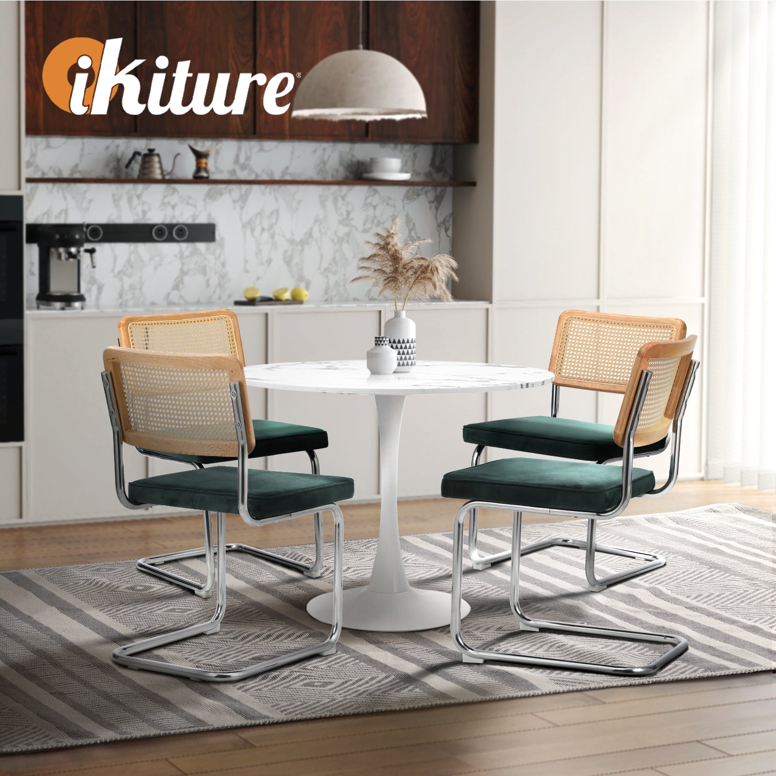 Oikiture 90cm Round Dining Table with 4PCS Dining Chairs Velvet White&Green - Sunyee