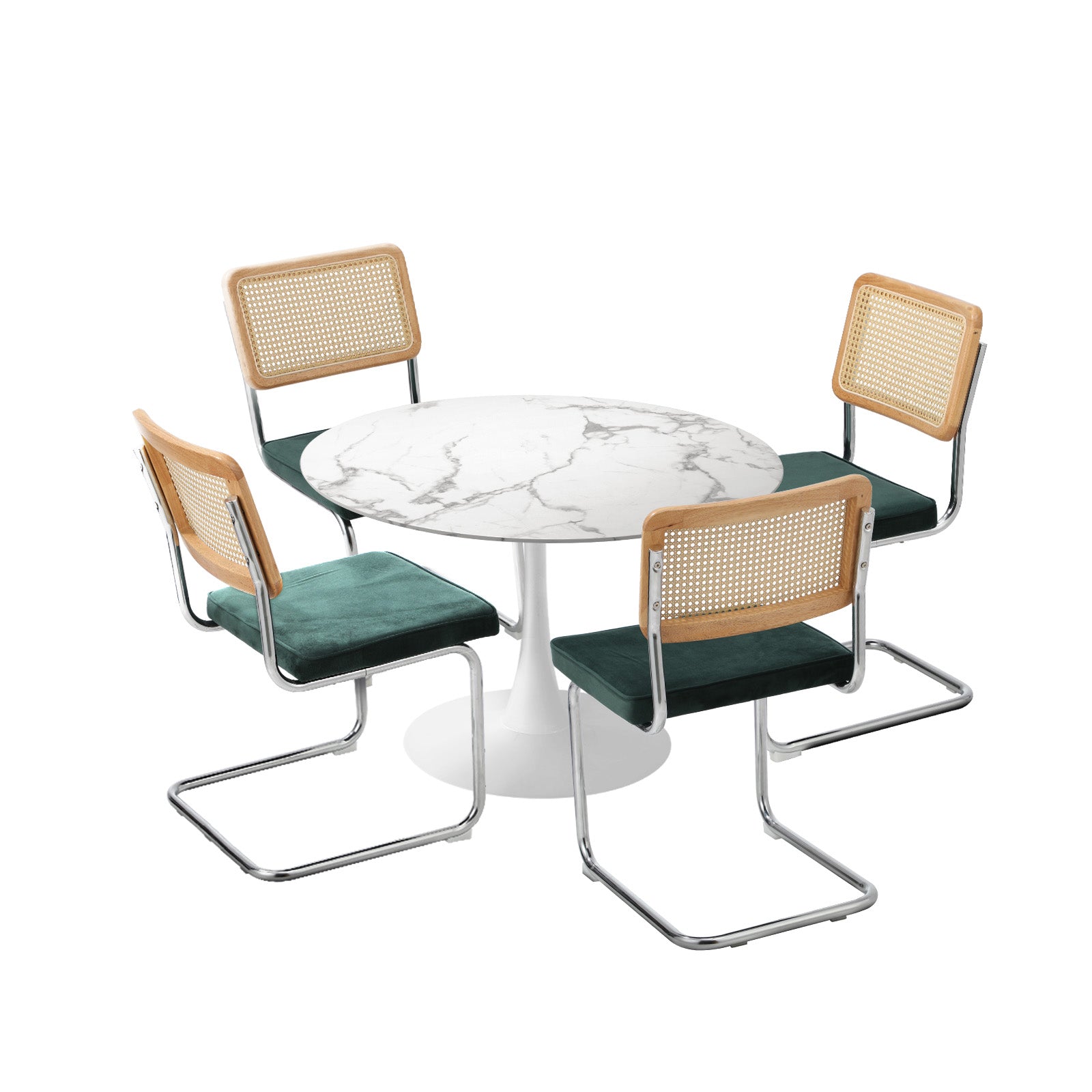 Oikiture 90cm Round Dining Table with 4PCS Dining Chairs Velvet White&Green - Sunyee