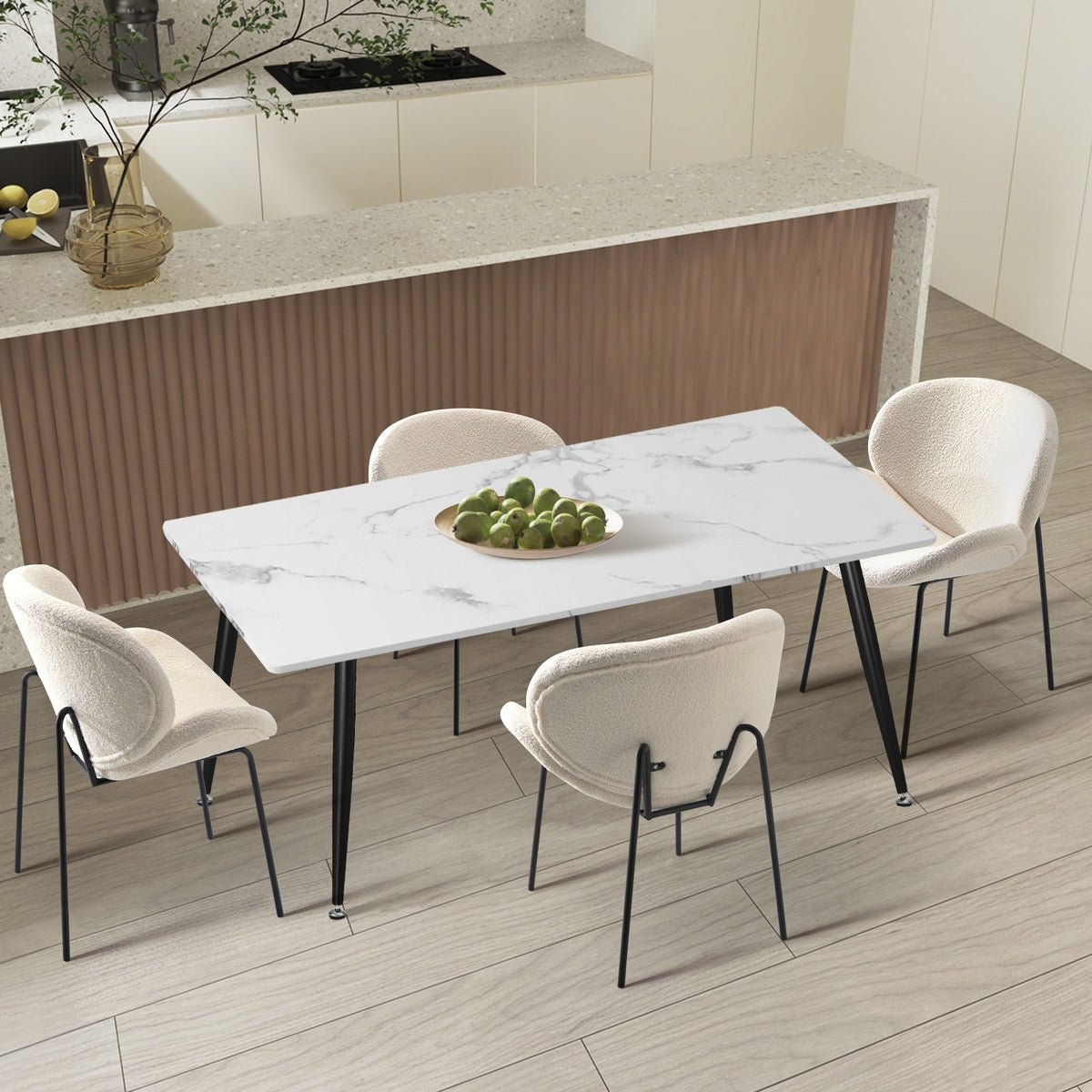 Oikiture 120cm Rectangle Dining Table with 4PCS Dining Chairs Sherpa White - Sunyee