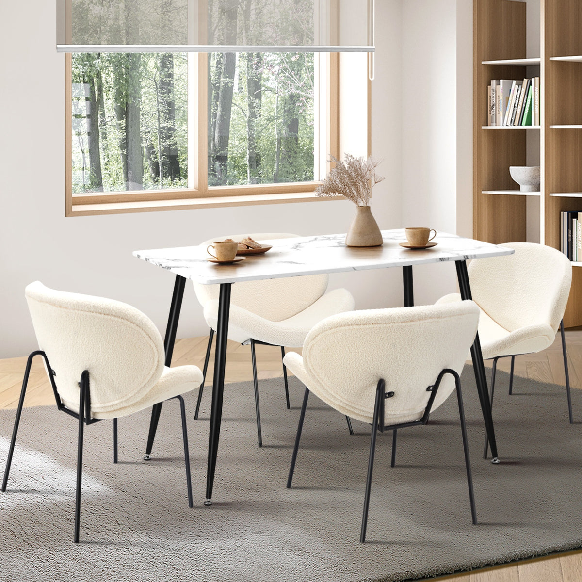 Oikiture 120cm Rectangle Dining Table with 4PCS Dining Chairs Sherpa White - Sunyee