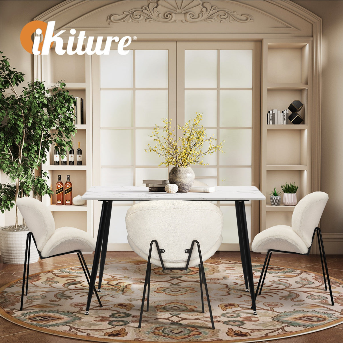 Oikiture 120cm Rectangle Dining Table with 4PCS Dining Chairs Sherpa White - Sunyee