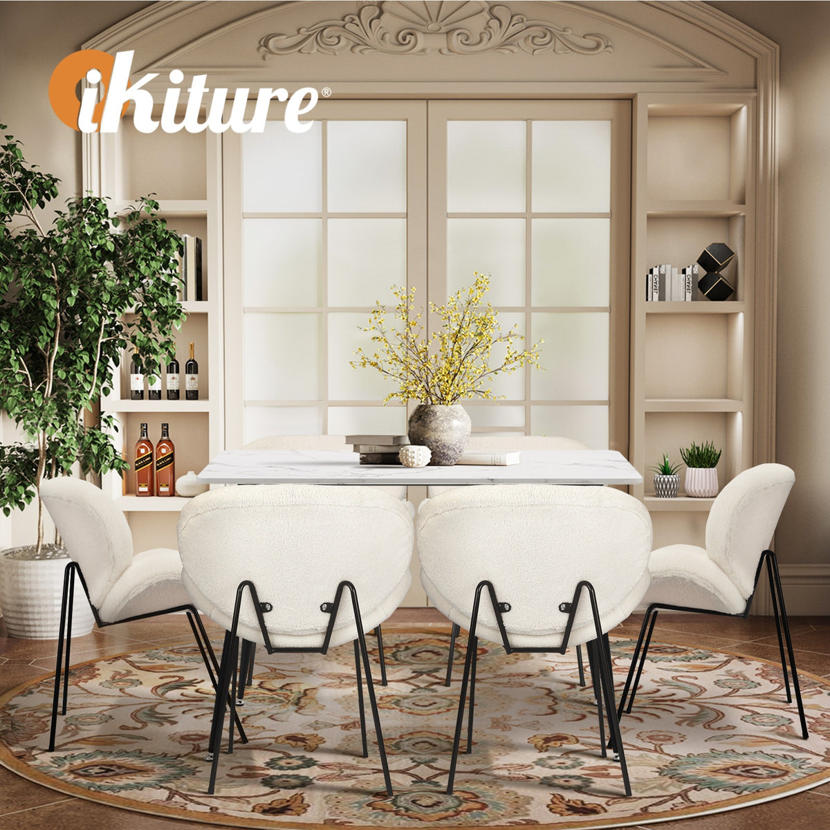 Oikiture 120cm Rectangle Dining Table with 6PCS Dining Chairs Sherpa White - Sunyee