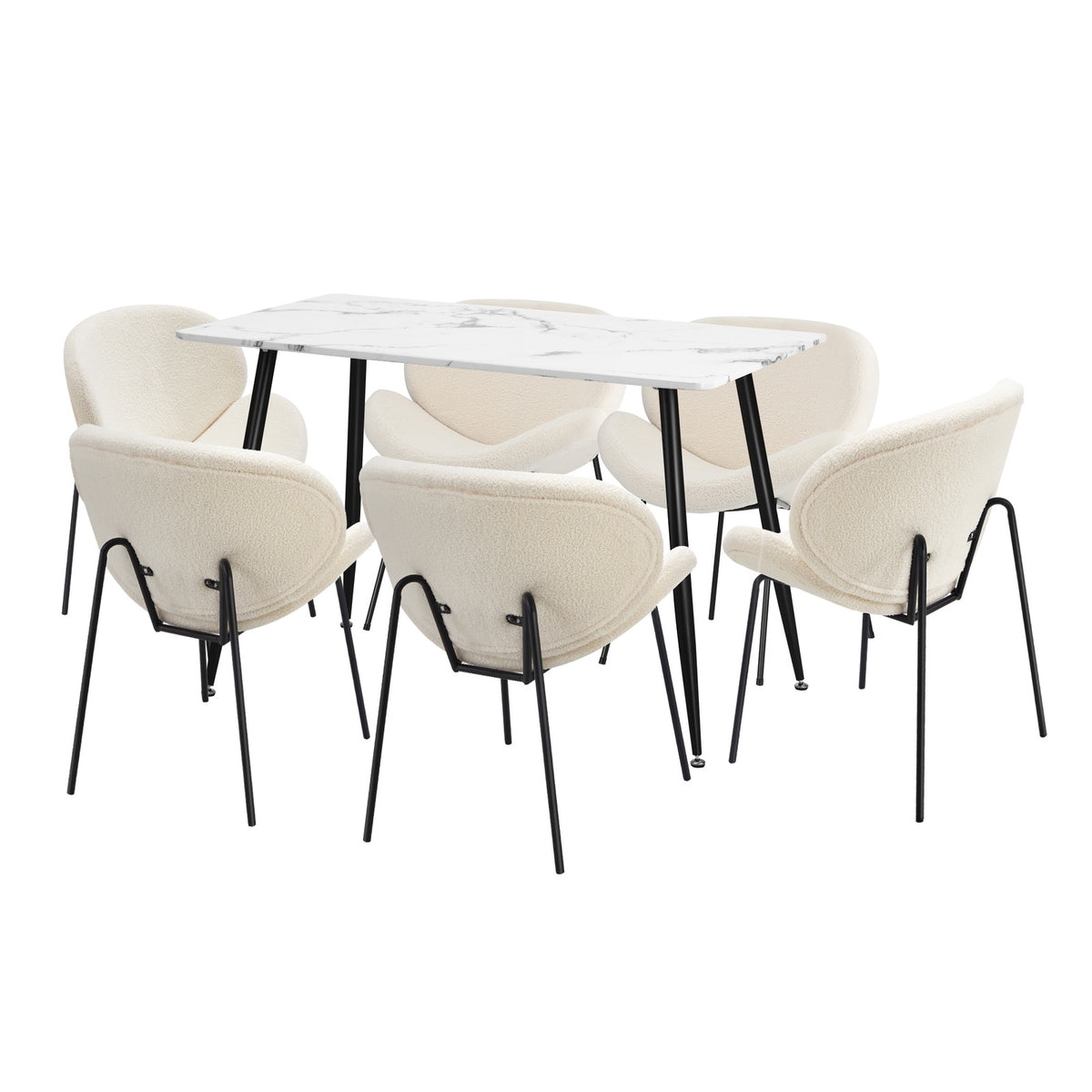 Oikiture 120cm Rectangle Dining Table with 6PCS Dining Chairs Sherpa White - Sunyee