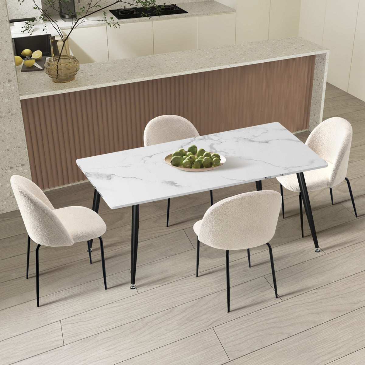 Oikiture 120cm Rectangle Dining Table with 4PCS Dining Chairs Sherpa White - Sunyee