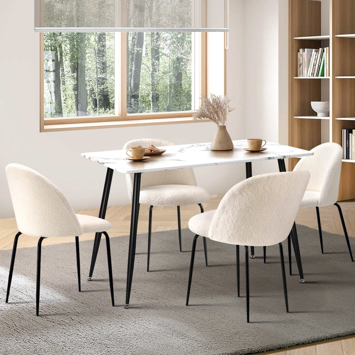 Oikiture 120cm Rectangle Dining Table with 4PCS Dining Chairs Sherpa White - Sunyee