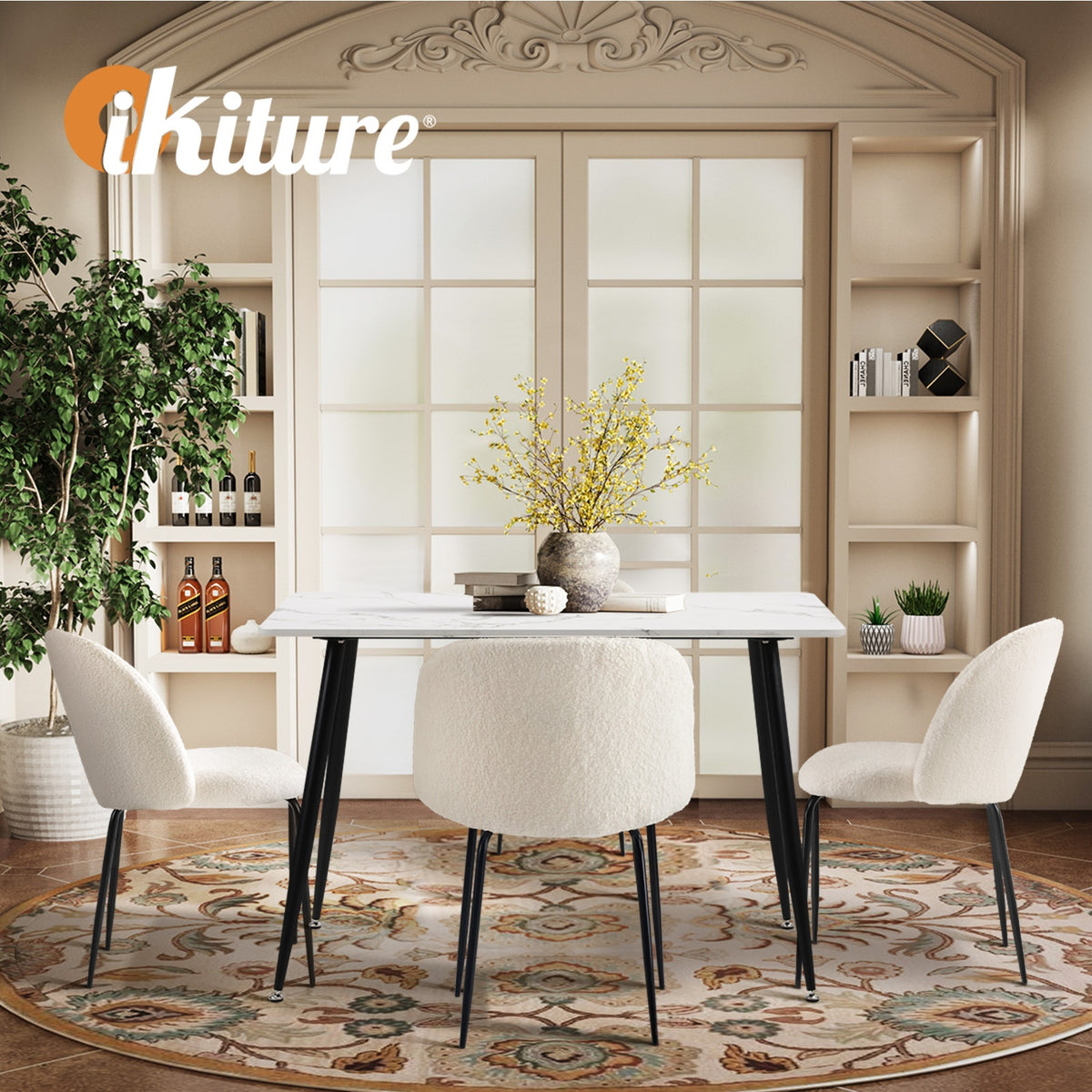 Oikiture 120cm Rectangle Dining Table with 4PCS Dining Chairs Sherpa White - Sunyee
