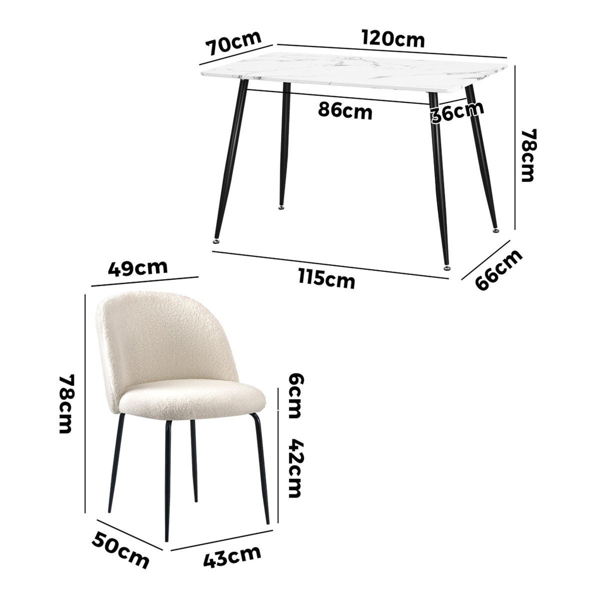 Oikiture 120cm Rectangle Dining Table with 4PCS Dining Chairs Sherpa White - Sunyee