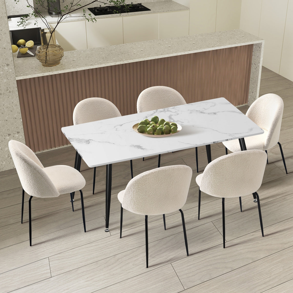 Oikiture 120cm Rectangle Dining Table with 6PCS Dining Chairs Sherpa White - Sunyee