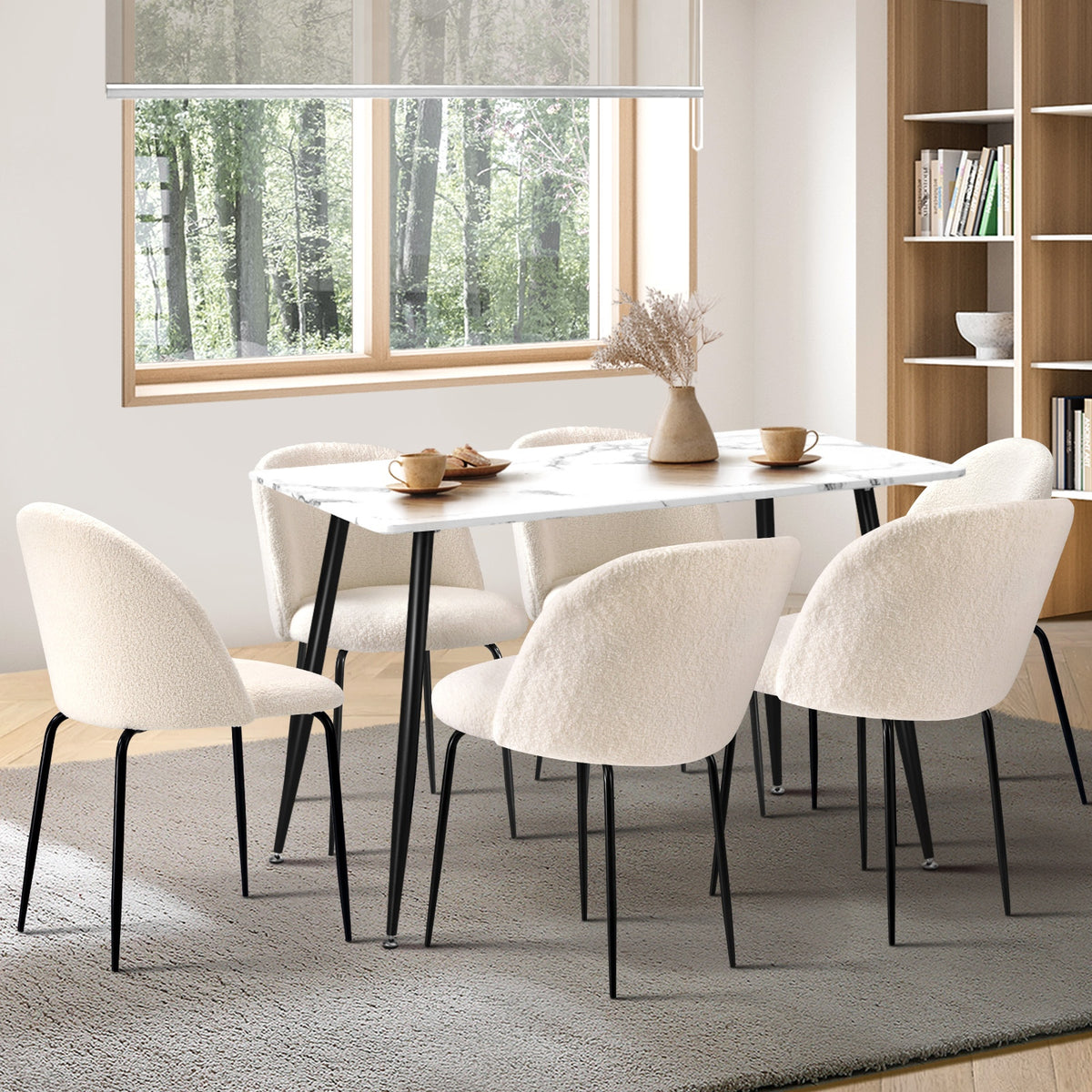 Oikiture 120cm Rectangle Dining Table with 6PCS Dining Chairs Sherpa White - Sunyee