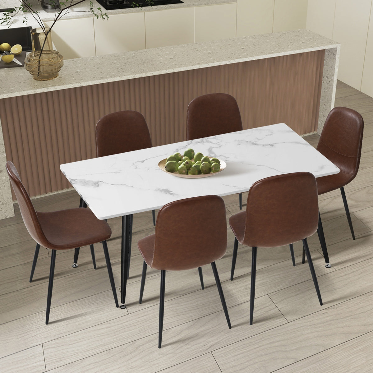 Oikiture 120cm Rectangle Dining Table with 6PCS Dining Chairs PU Brown - Sunyee