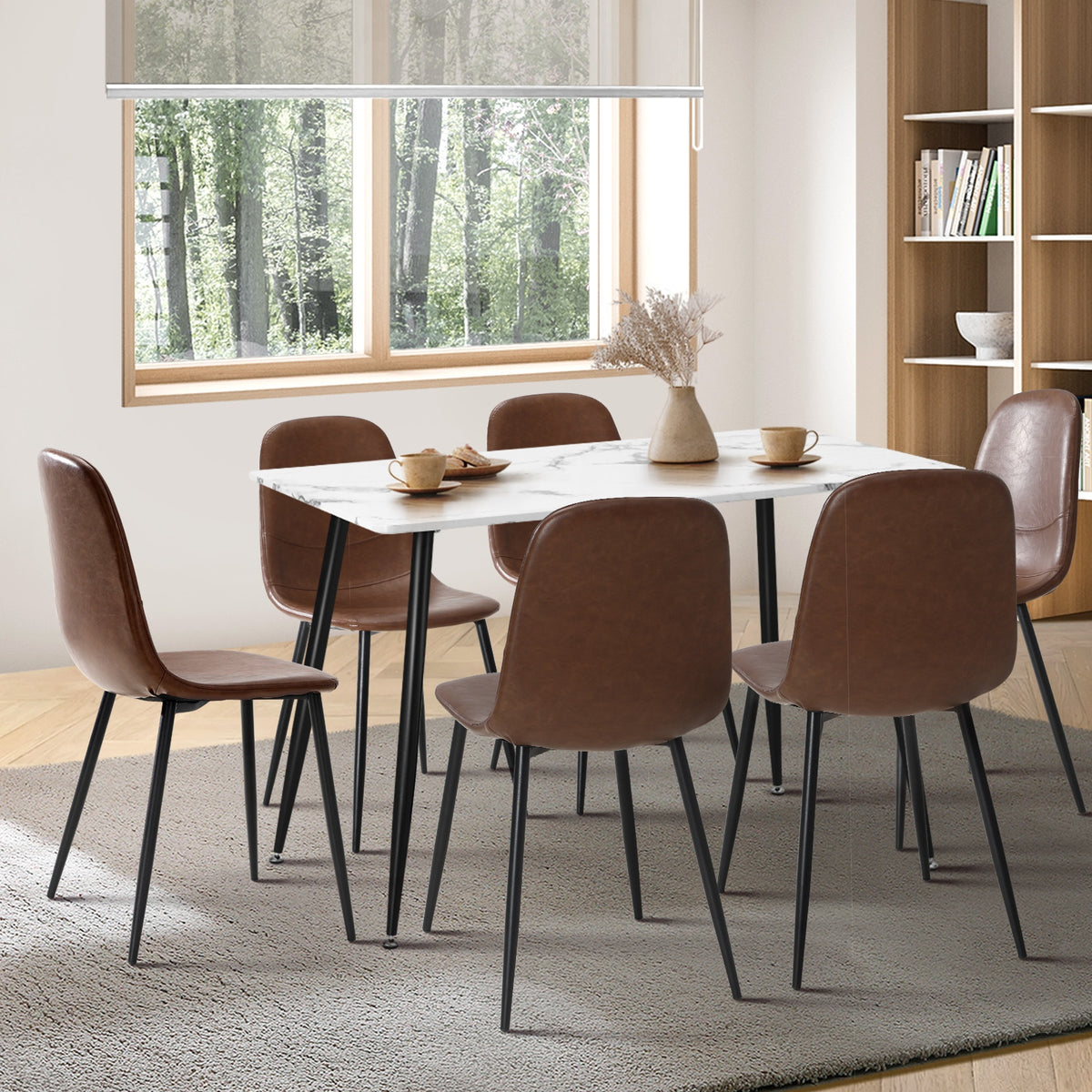 Oikiture 120cm Rectangle Dining Table with 6PCS Dining Chairs PU Brown - Sunyee