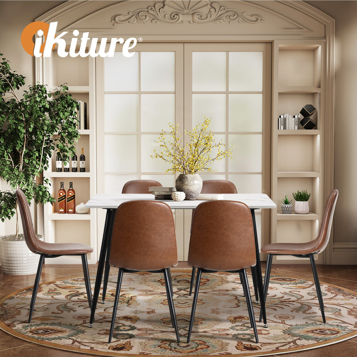 Oikiture 120cm Rectangle Dining Table with 6PCS Dining Chairs PU Brown - Sunyee