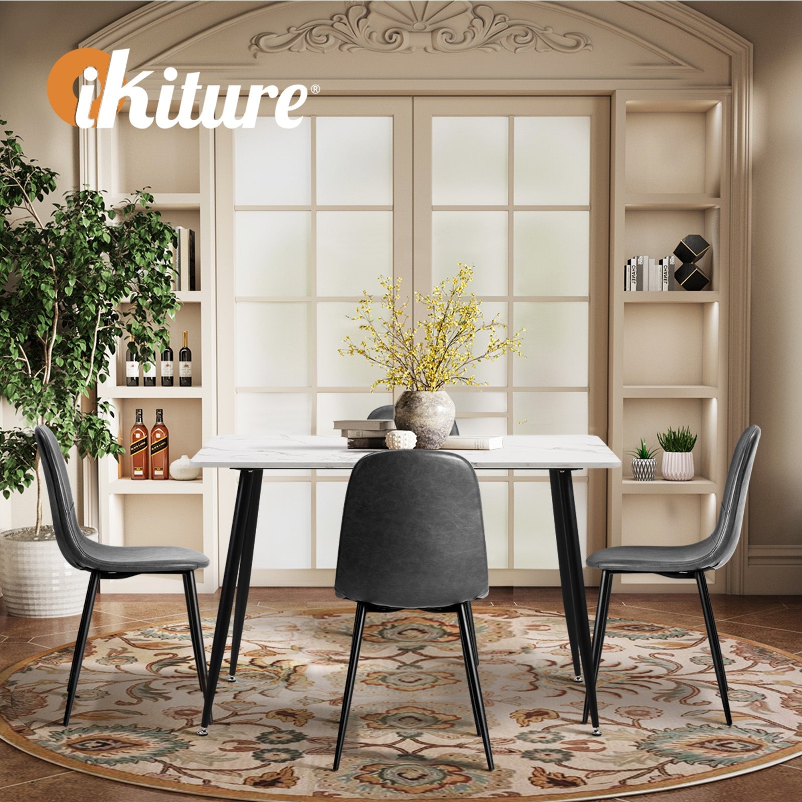 Oikiture 120cm Rectangle Dining Table with 4PCS Dining Chairs PU Grey - Sunyee