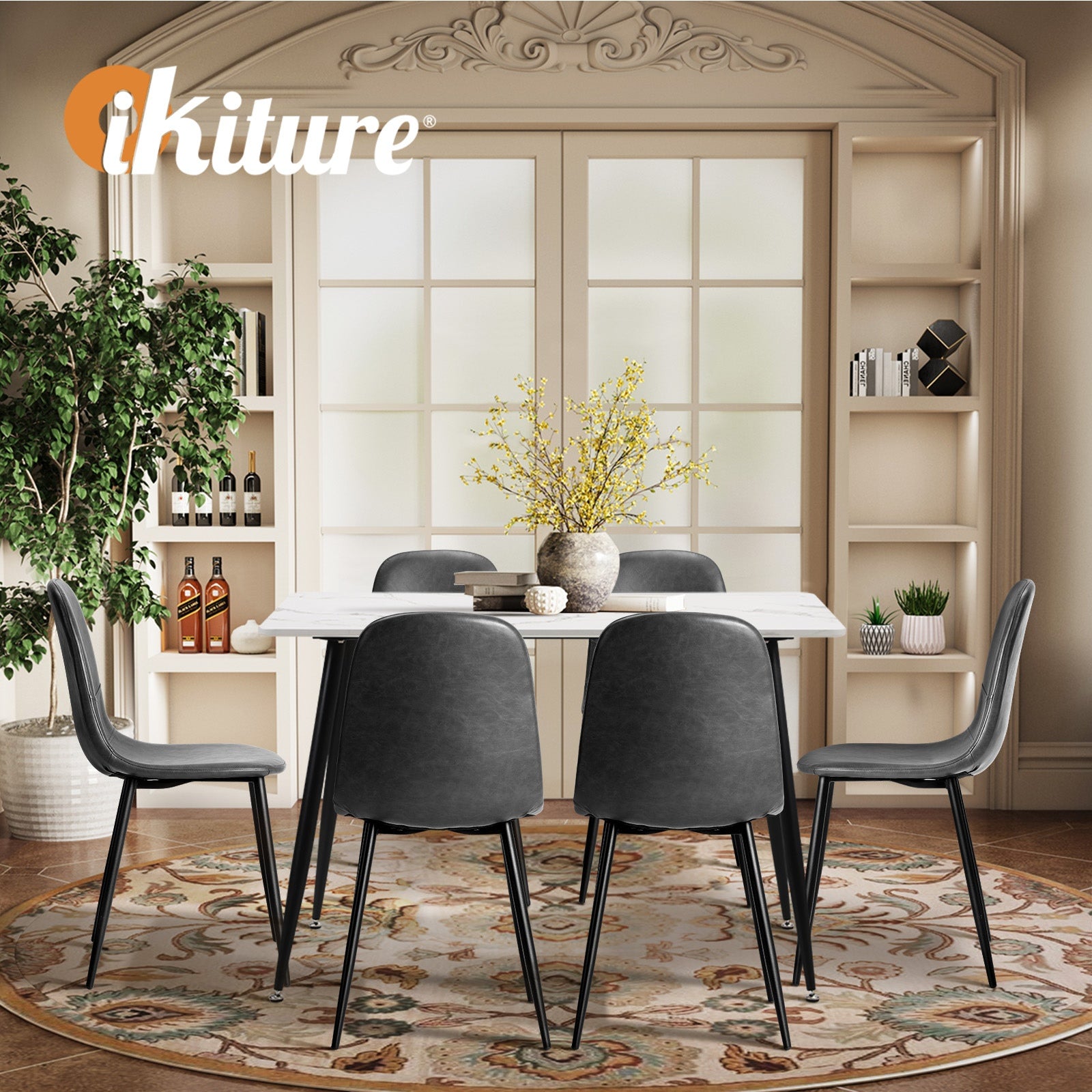 Oikiture 120cm Rectangle Dining Table with 6PCS Dining Chairs PU Grey - Sunyee