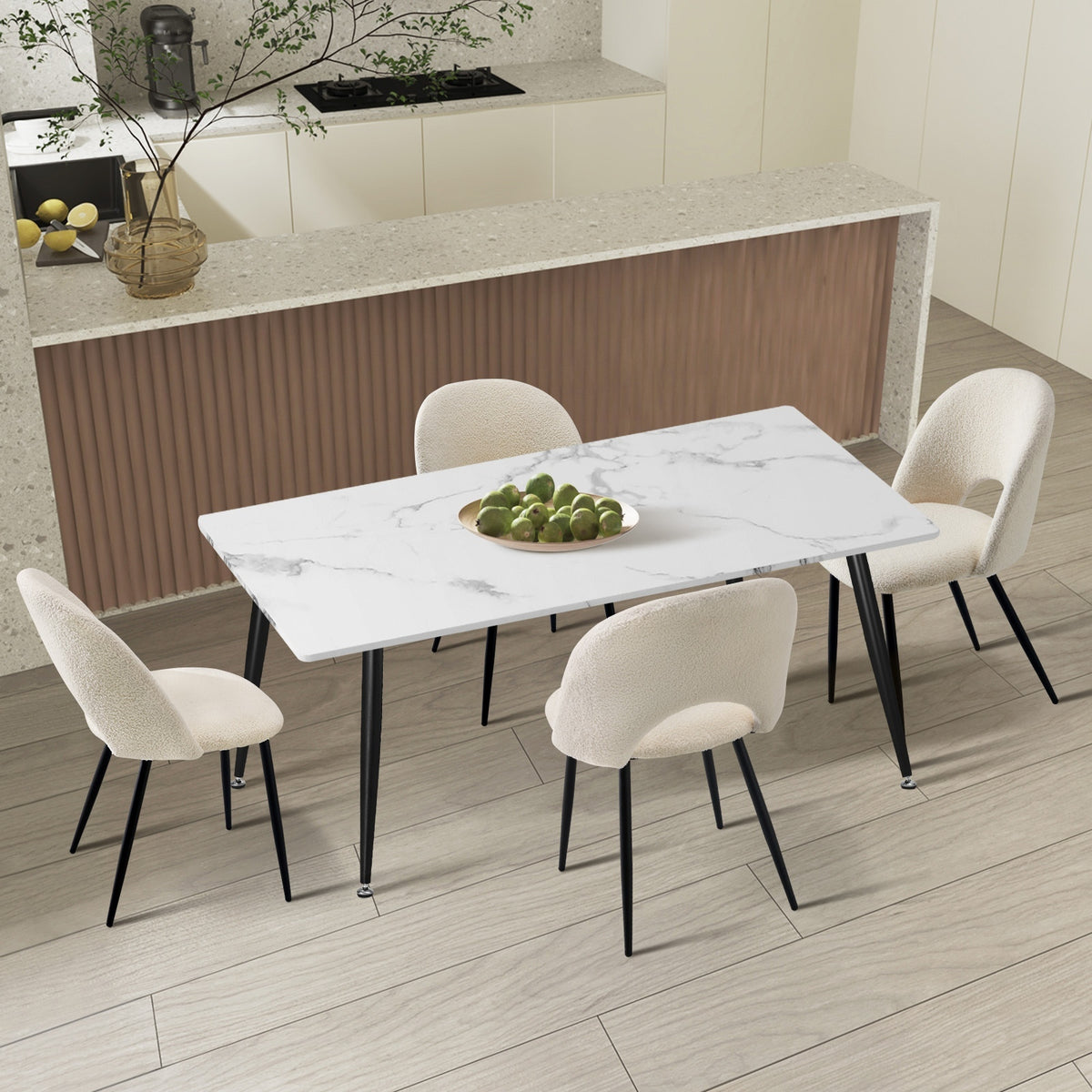Oikiture 120cm Rectangle Dining Table with 4PCS Dining Chairs Sherpa White - Sunyee