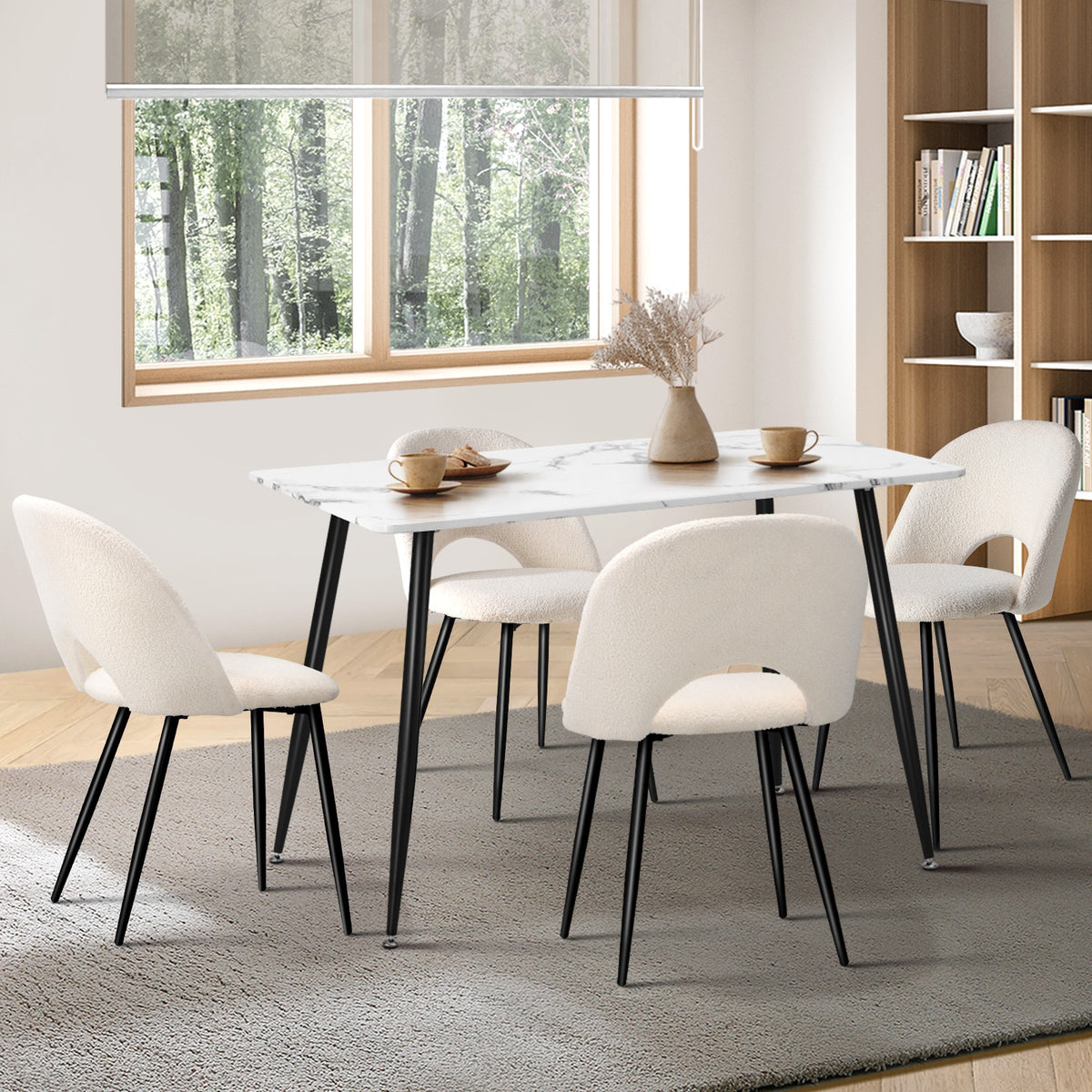 Oikiture 120cm Rectangle Dining Table with 4PCS Dining Chairs Sherpa White - Sunyee