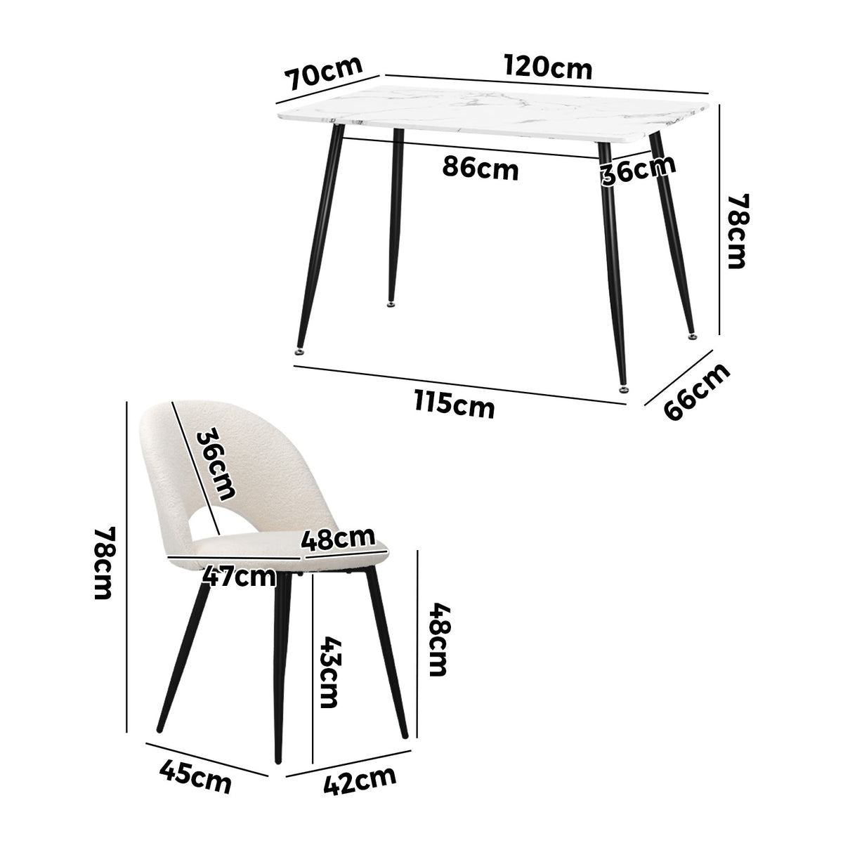 Oikiture 120cm Rectangle Dining Table with 4PCS Dining Chairs Sherpa White - Sunyee