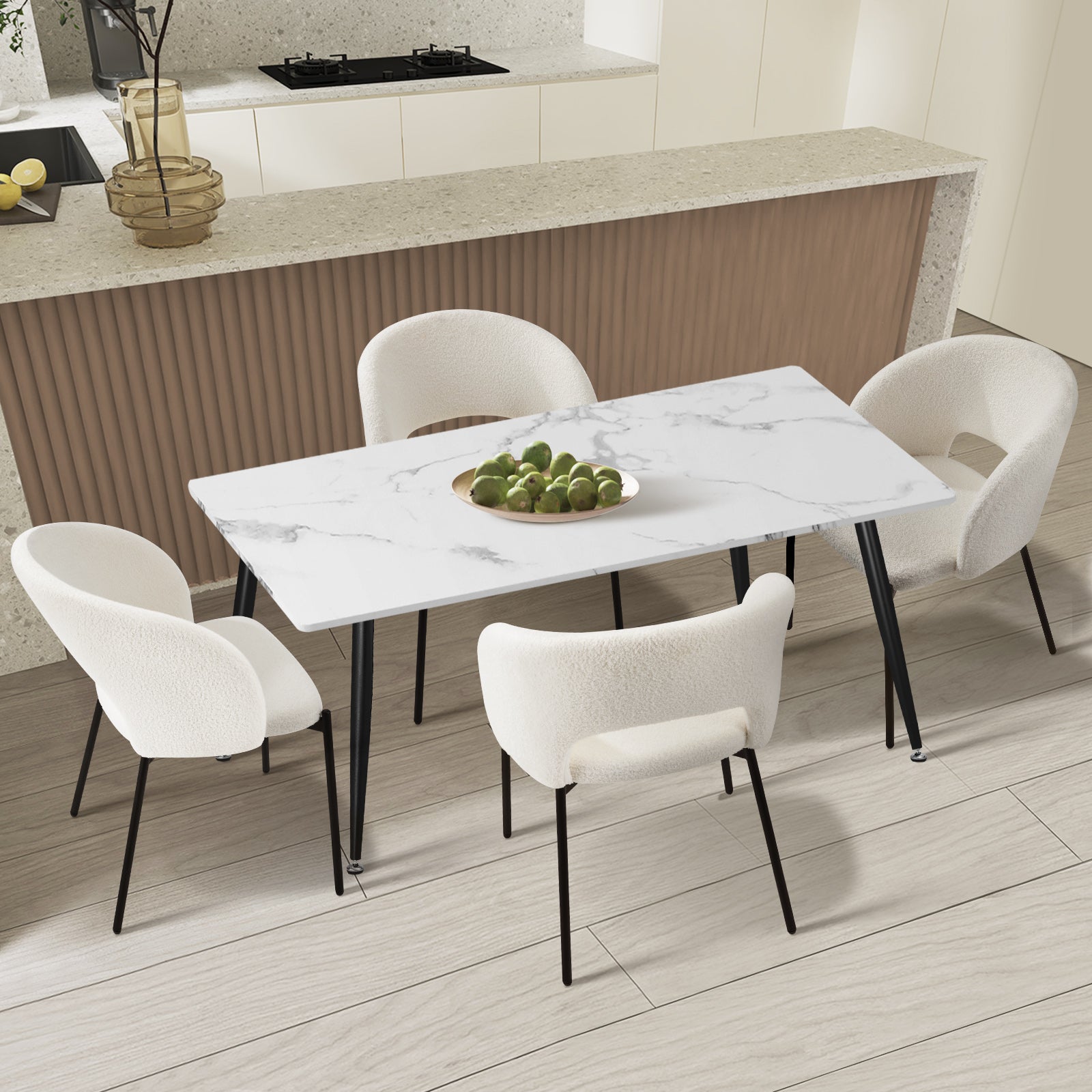 Oikiture 120cm Rectangle Dining Table with 4PCS Dining Chairs Sherpa White - Sunyee