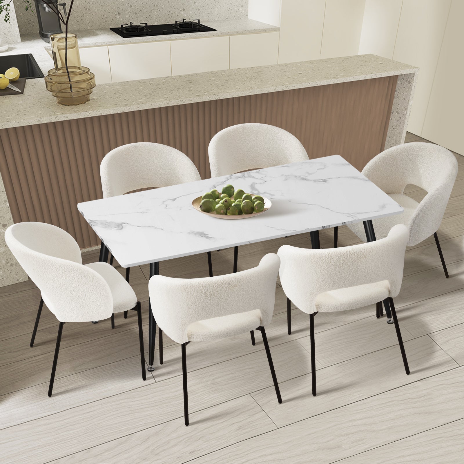 Oikiture 120cm Rectangle Dining Table with 6PCS Dining Chairs Sherpa White - Sunyee