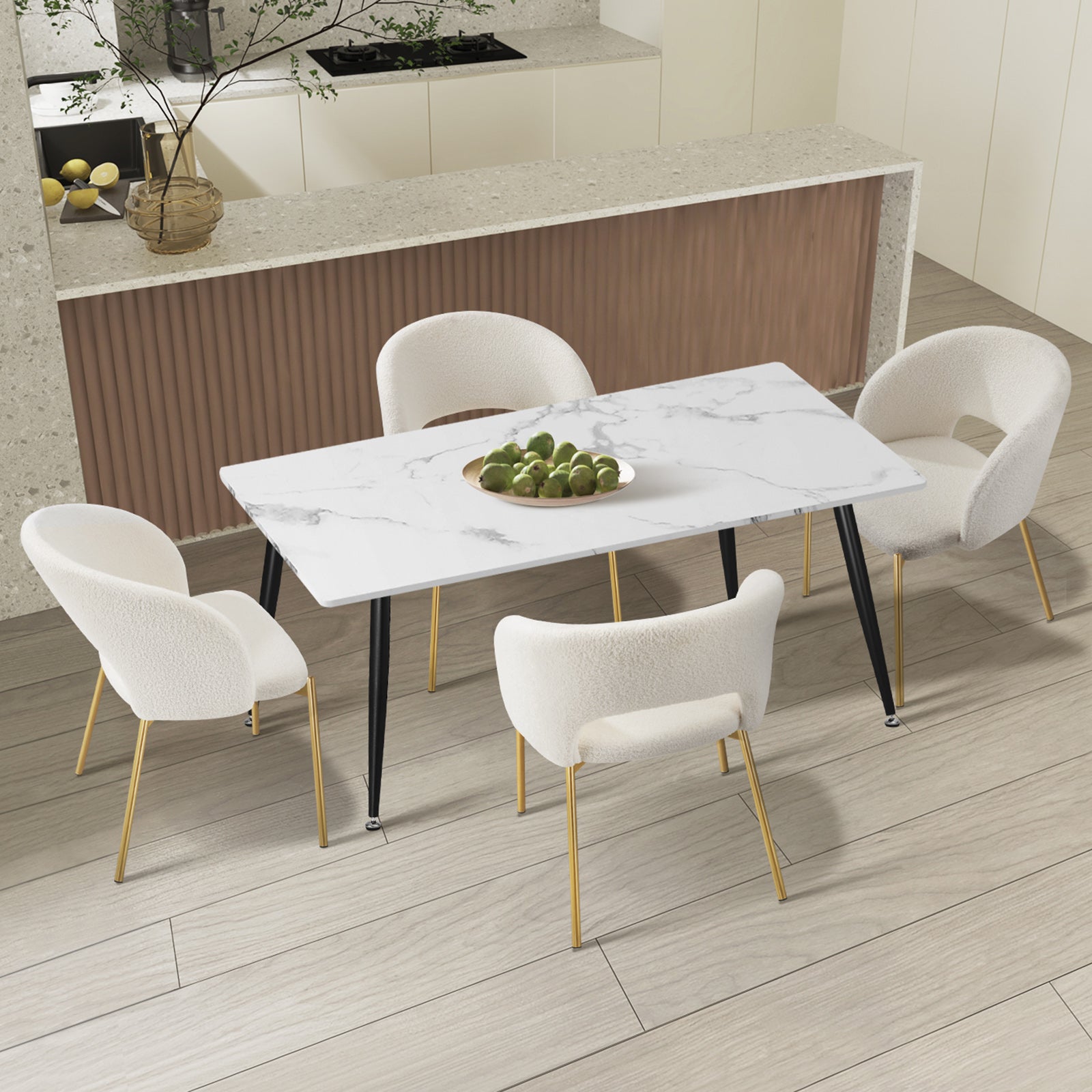 Oikiture 120cm Rectangle Dining Table with 4PCS Dining Chairs Sherpa White - Sunyee