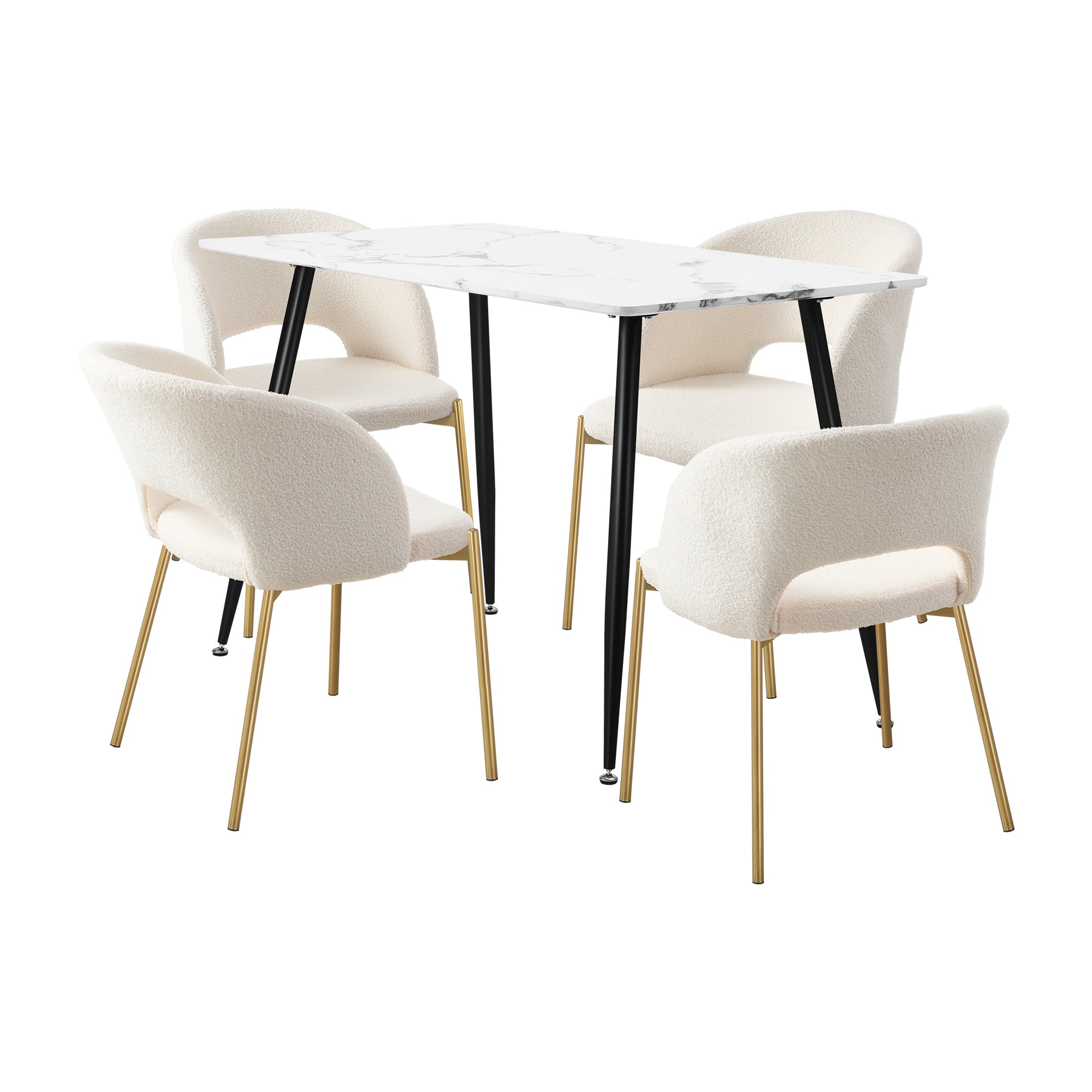Oikiture 120cm Rectangle Dining Table with 4PCS Dining Chairs Sherpa White - Sunyee